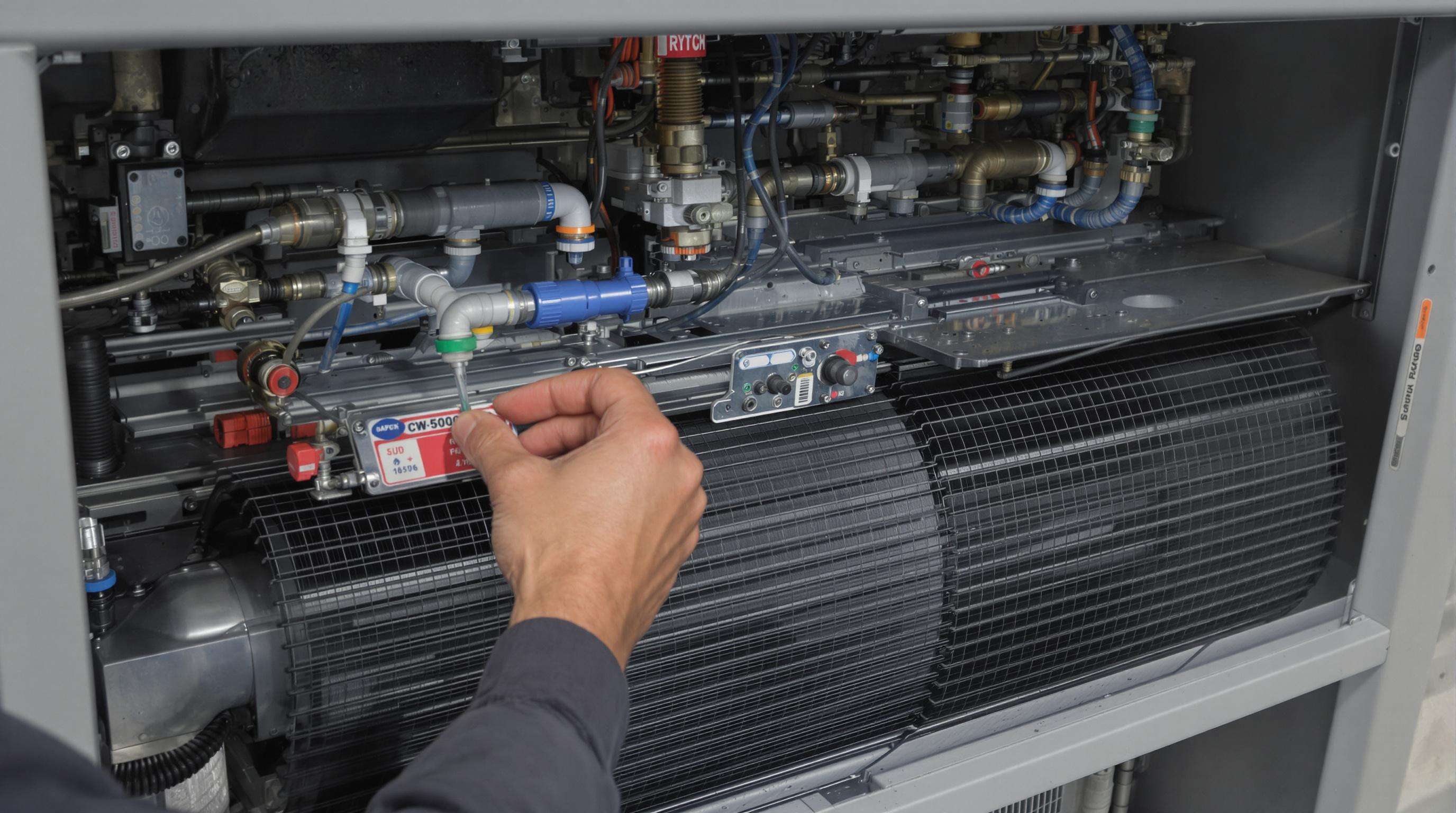 Technician performing maintenance on the CW5000 water chiller, focusing on condenser coils