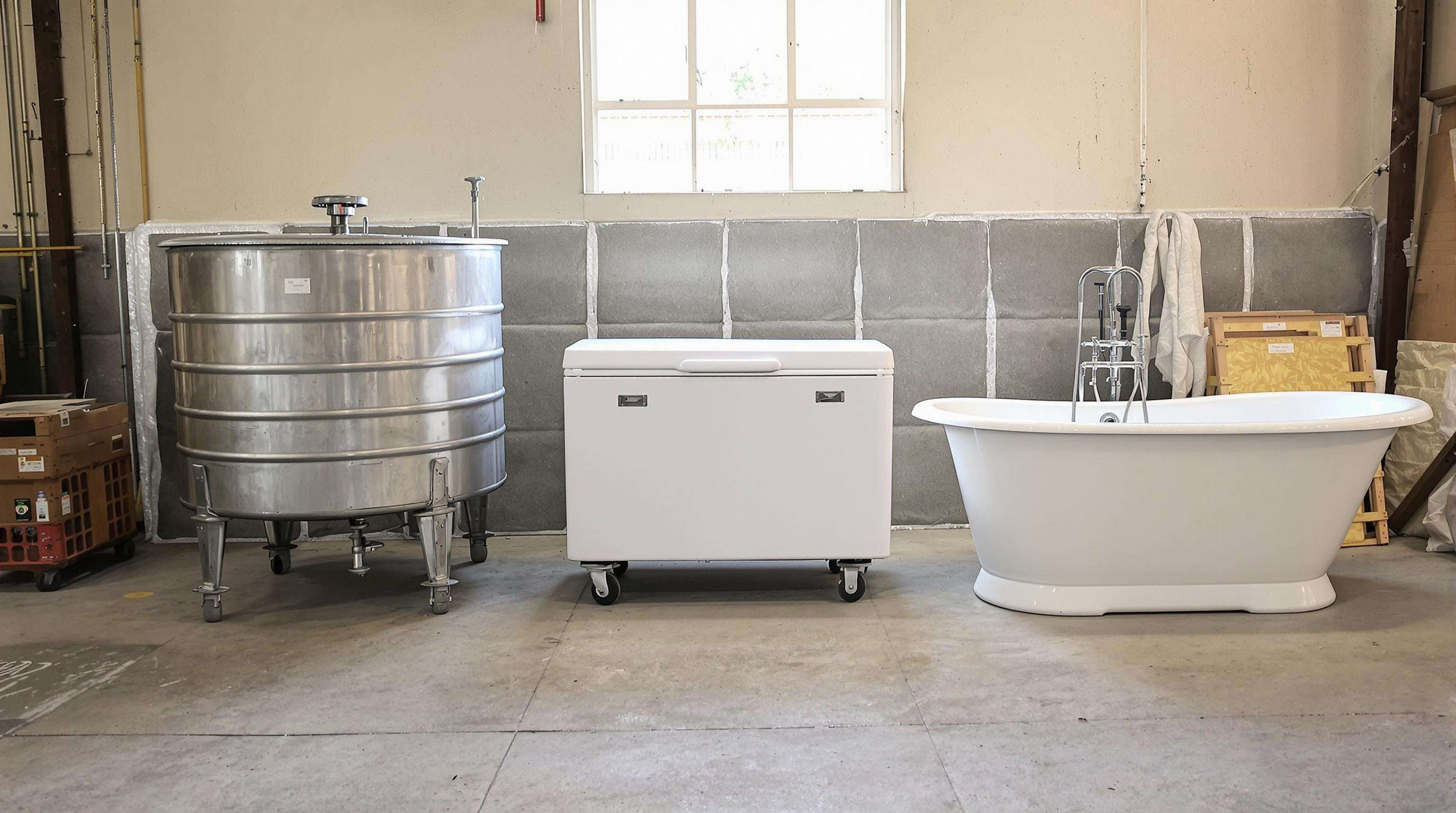 A realistic photo showing three types of tubs—a galvanized stock tank, a chest freezer, and a bathtub—side by side in a workshop setting.