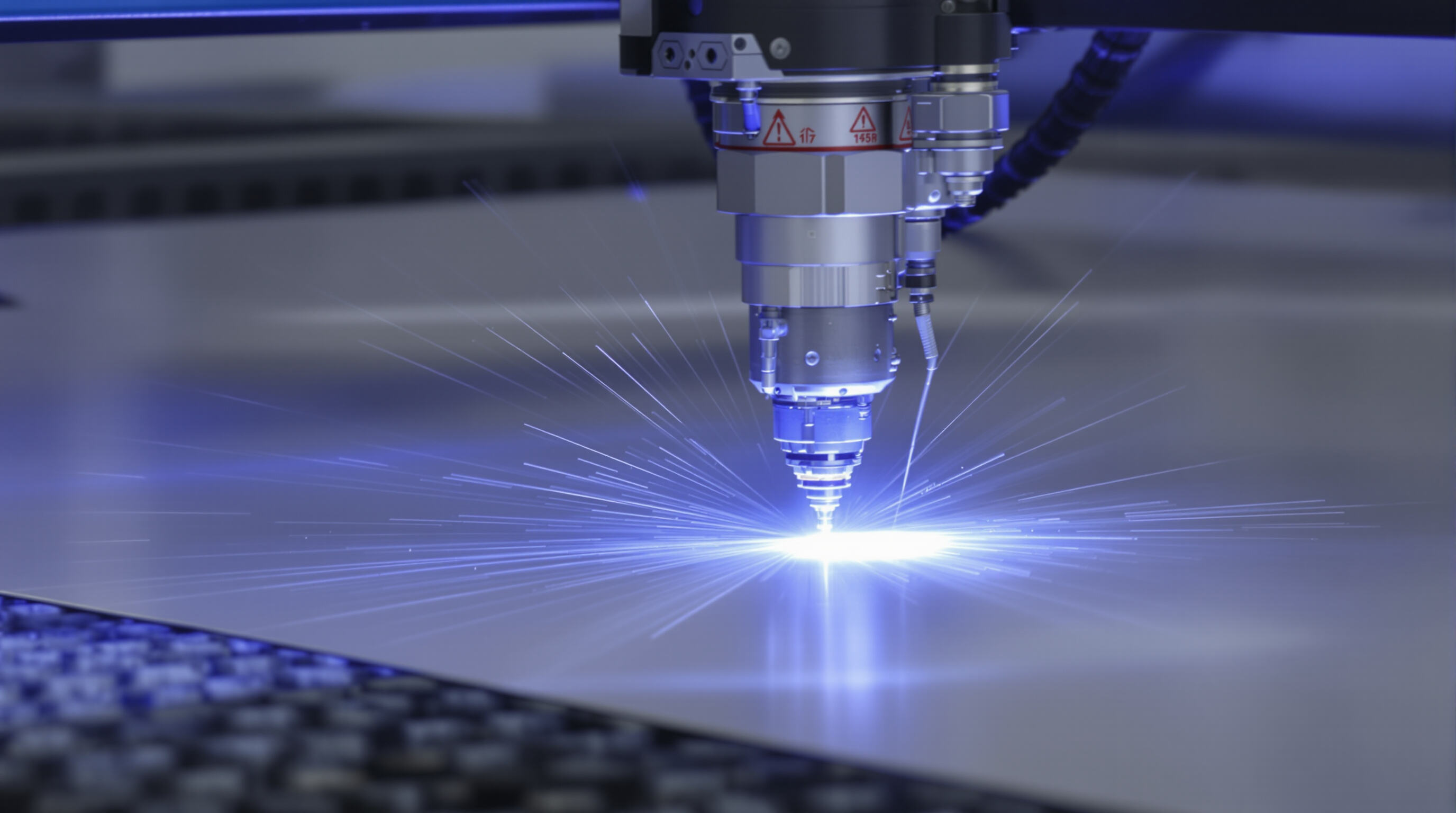 Photo of a CO2 laser cutter in action showing the beam and precise metal cut, with coolant lines in view