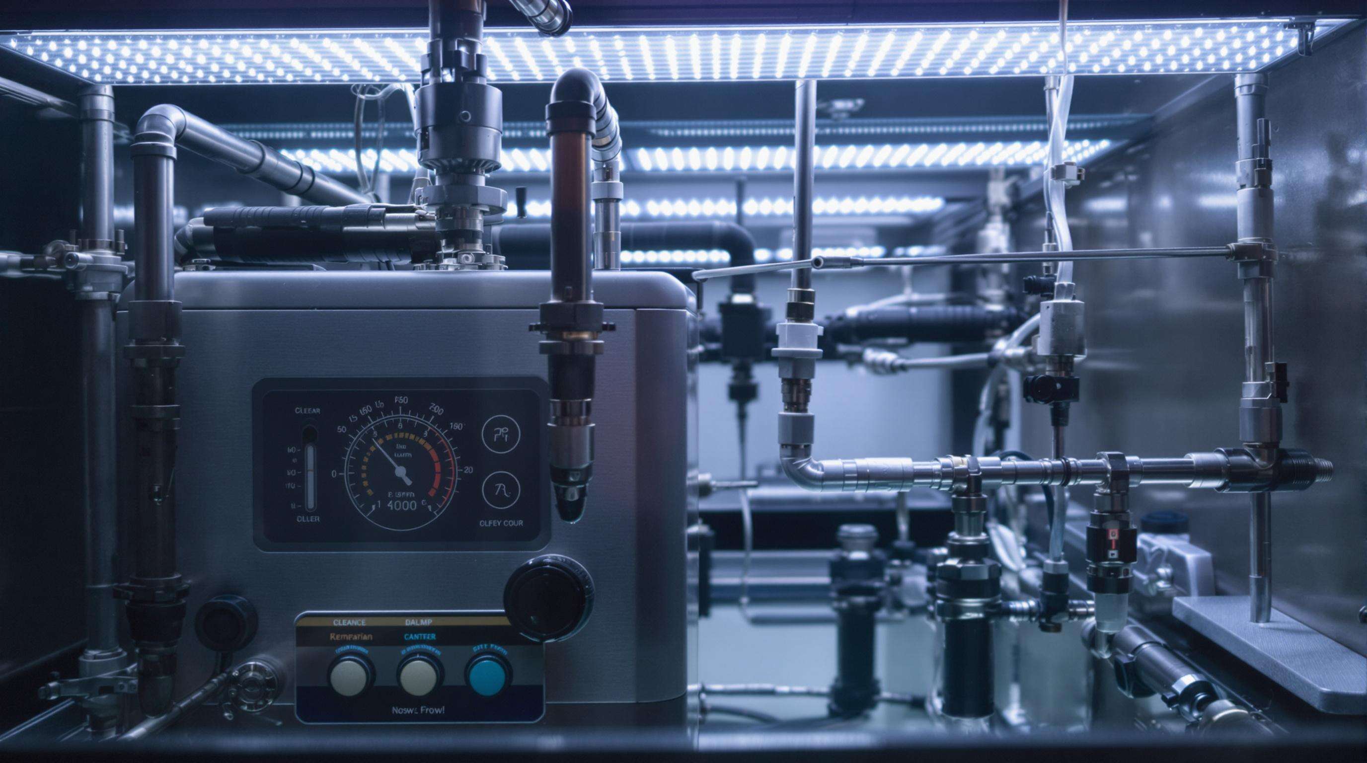 Close-up montage showing aquarium chiller unit, lights, and water pipes for performance illustration