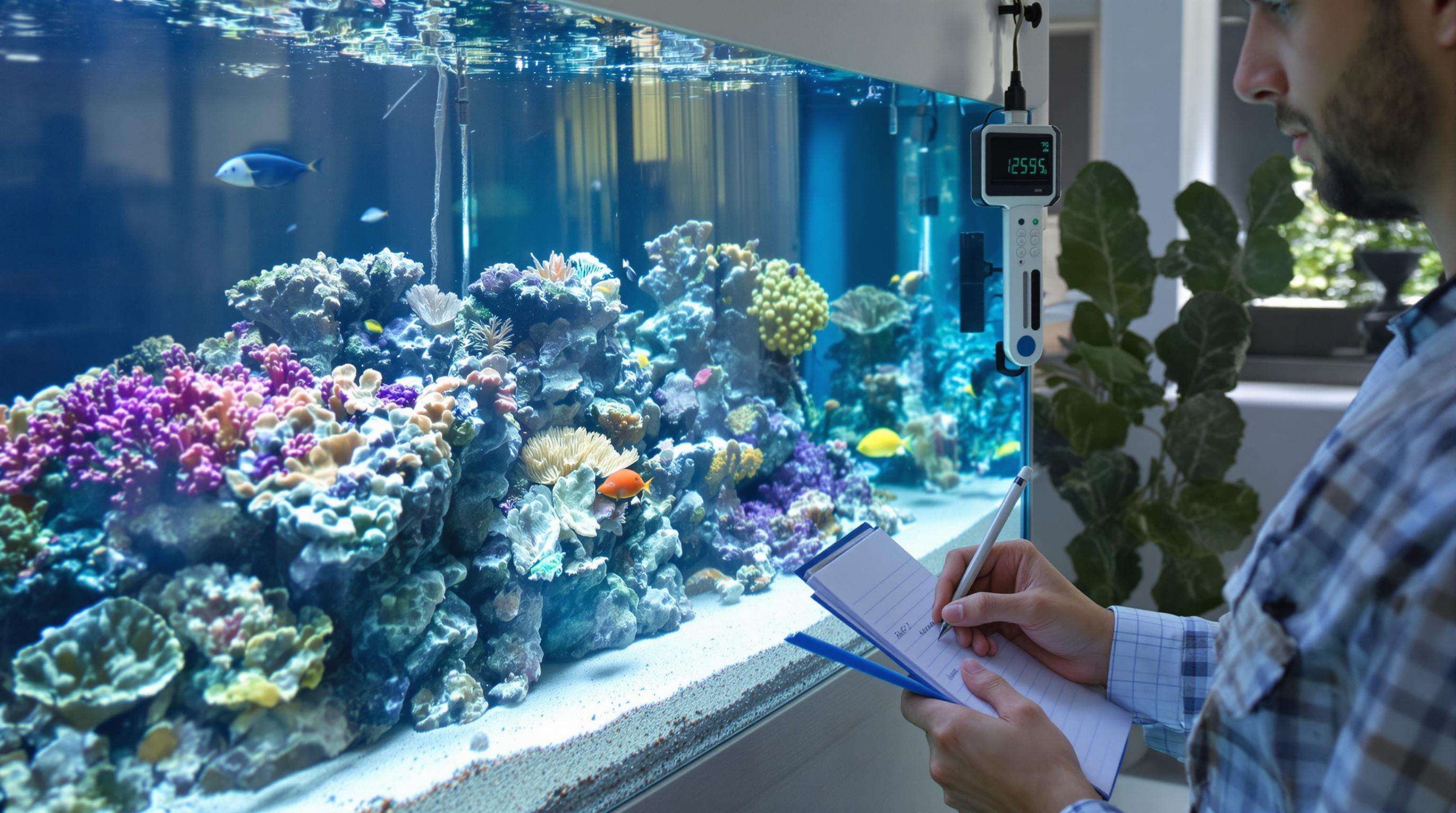 A person calculating fish tank chiller requirements next to a large aquarium with a digital thermometer