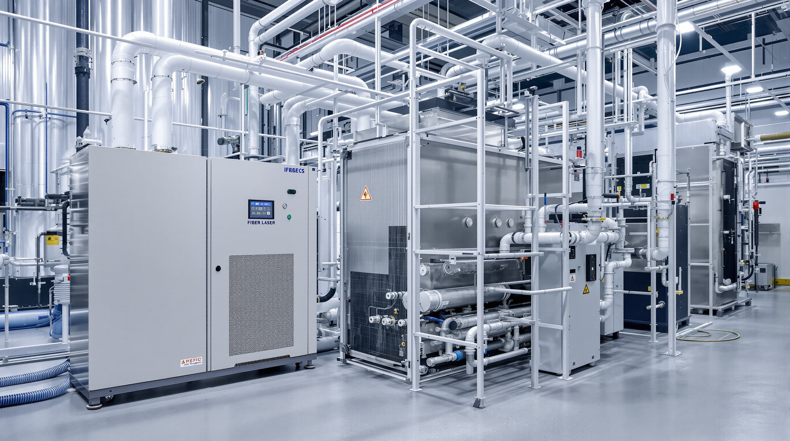 Industrial laser chiller system connected to fiber laser equipment with cooling pipes and heat exchangers in a factory environment