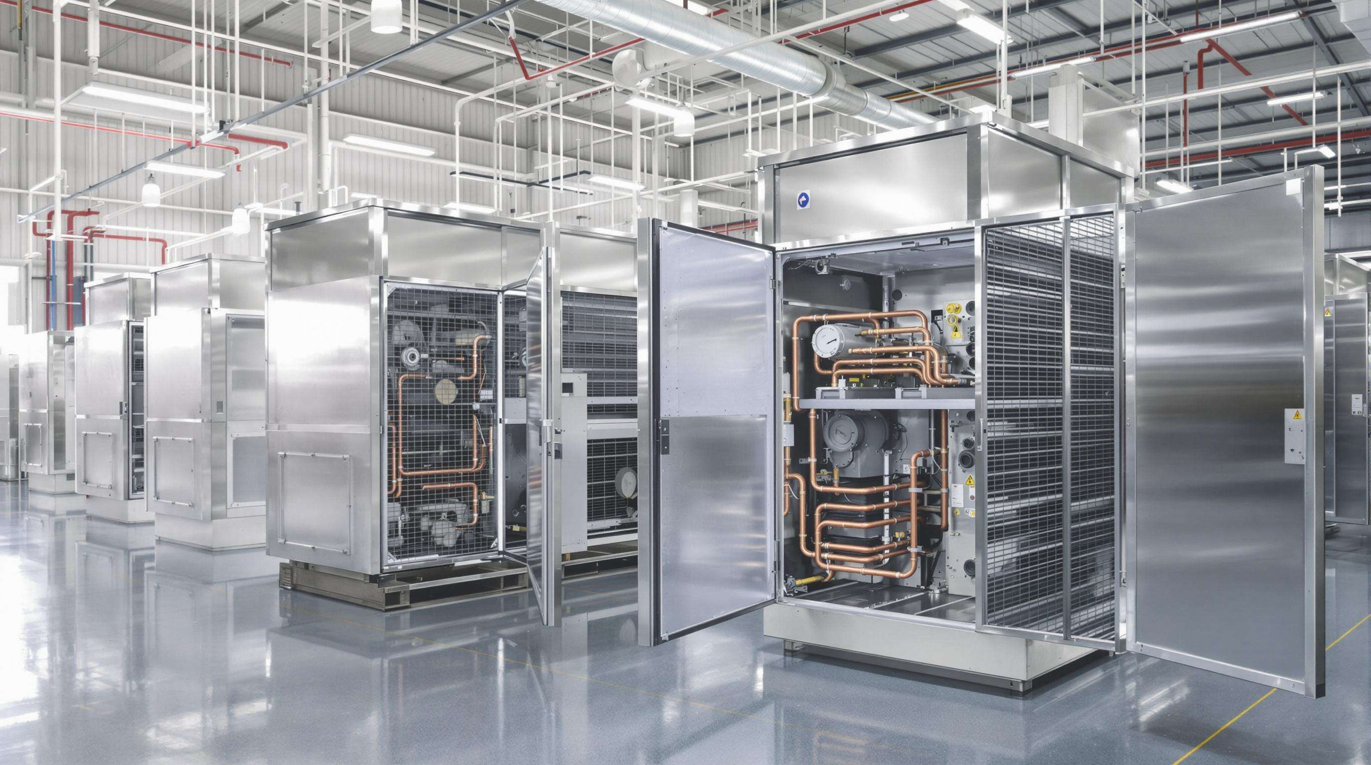 Row of industrial ice chiller units with one open panel exposing internal components
