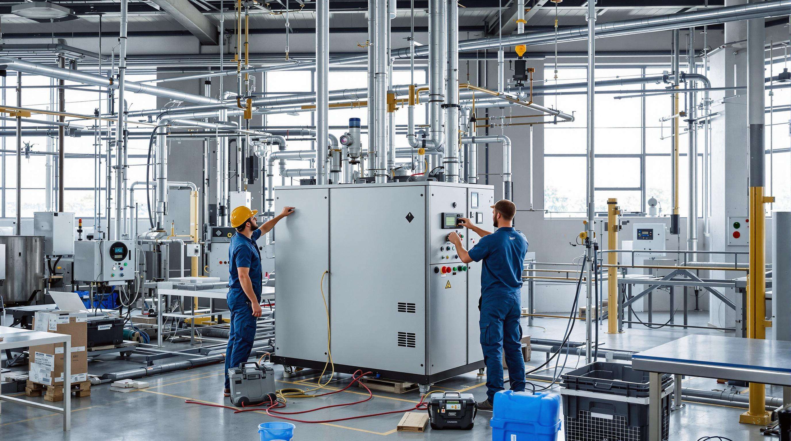 Technicians installing and calibrating a water chiller unit in a factory setting