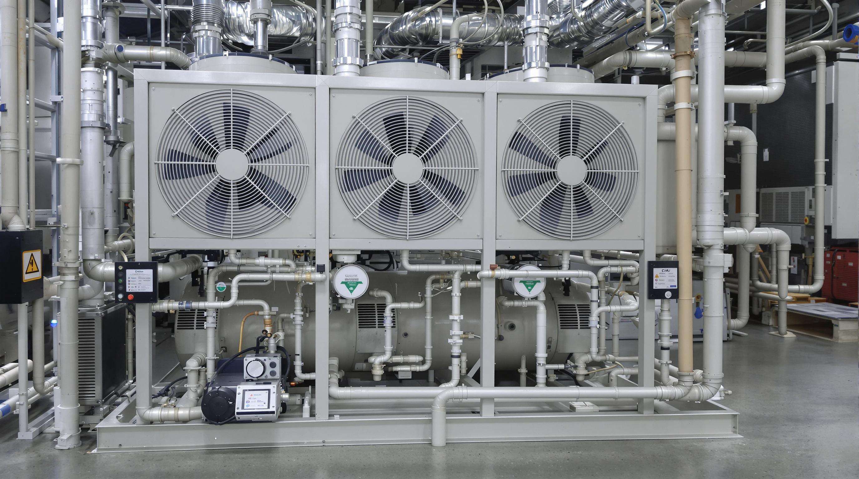 Photorealistic image of an industrial air cooled water chiller system with visible compressor, condenser coils and fans, and connected water pipes.