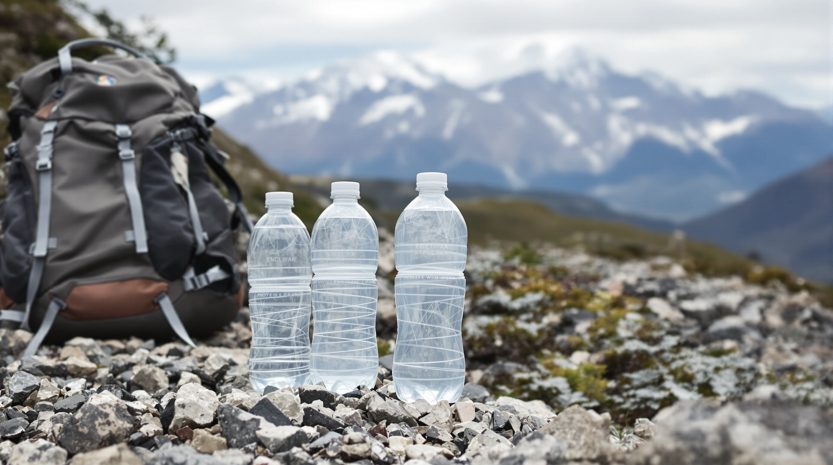 Lightweight plastic water bottles on a rocky hiking trail with a backpack and mountains in the background