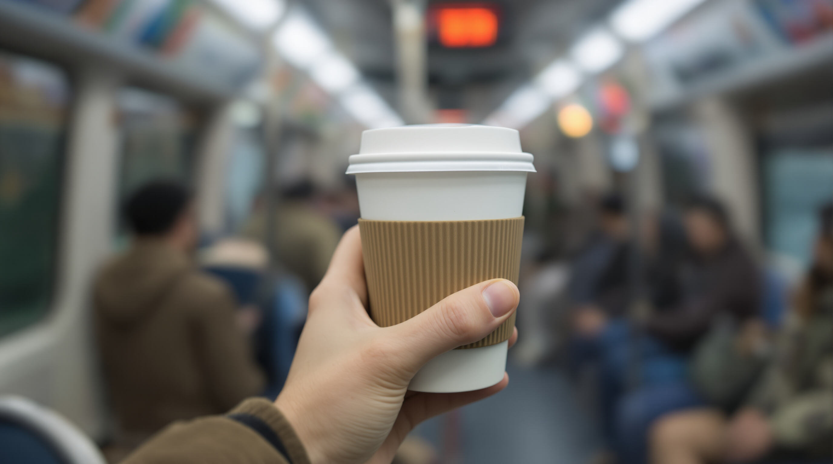 Person gripping a modern plastic coffee cup with secure lid during a busy city commute on a train