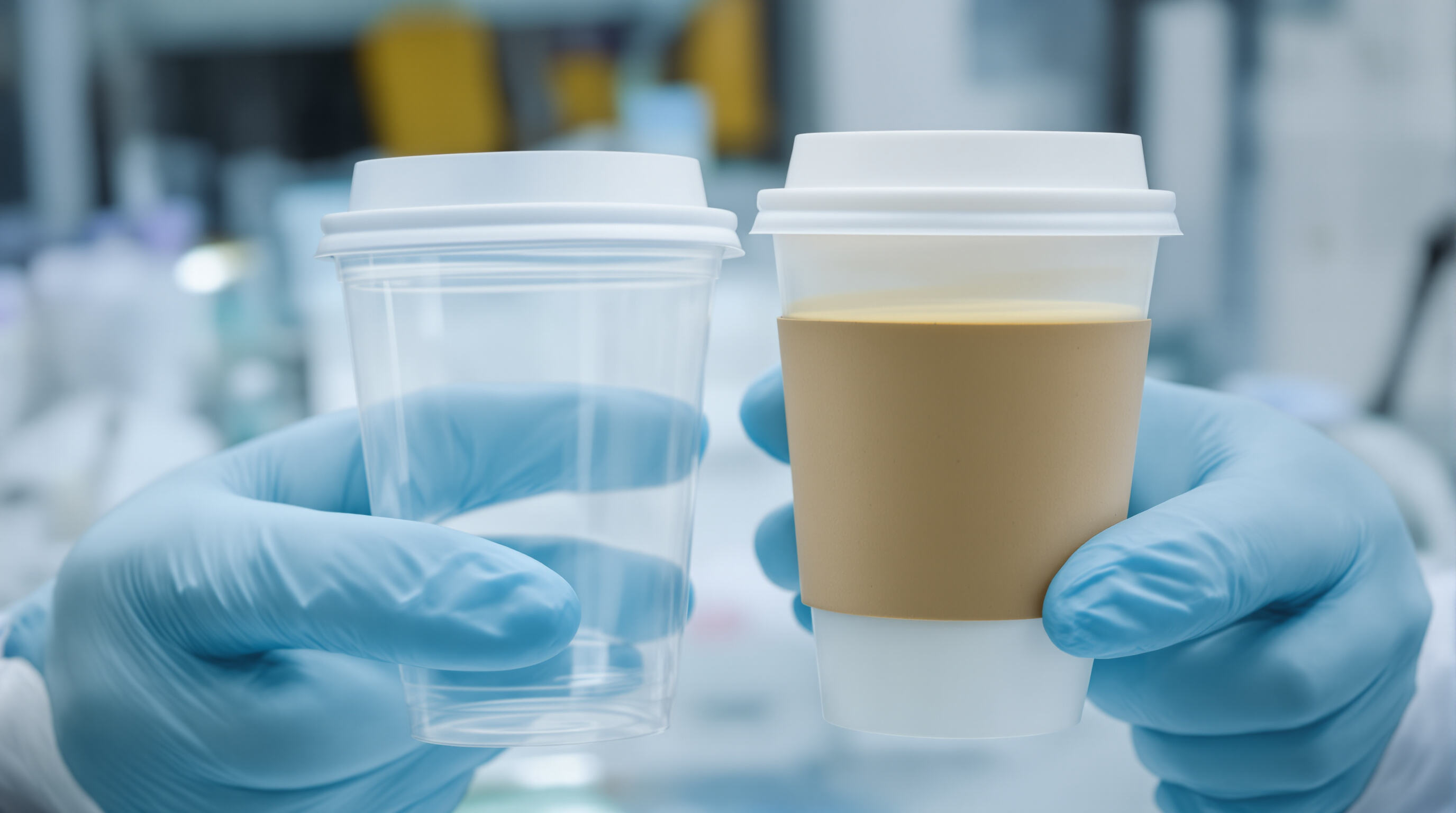 Lab technician inspecting different types of plastic coffee cups in a sterile laboratory environment