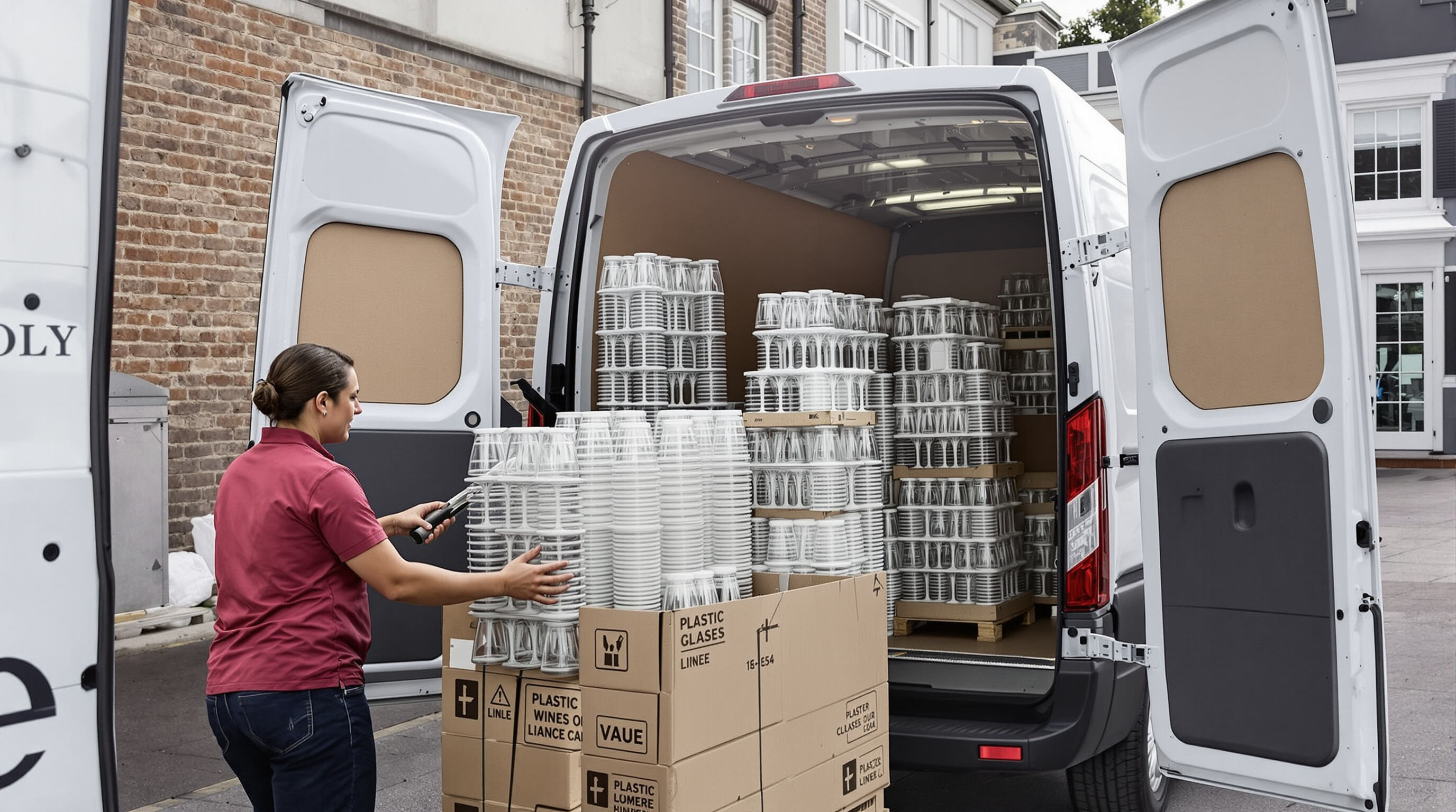 Event staff easily transporting and stacking lightweight plastic wine glasses for efficient setup