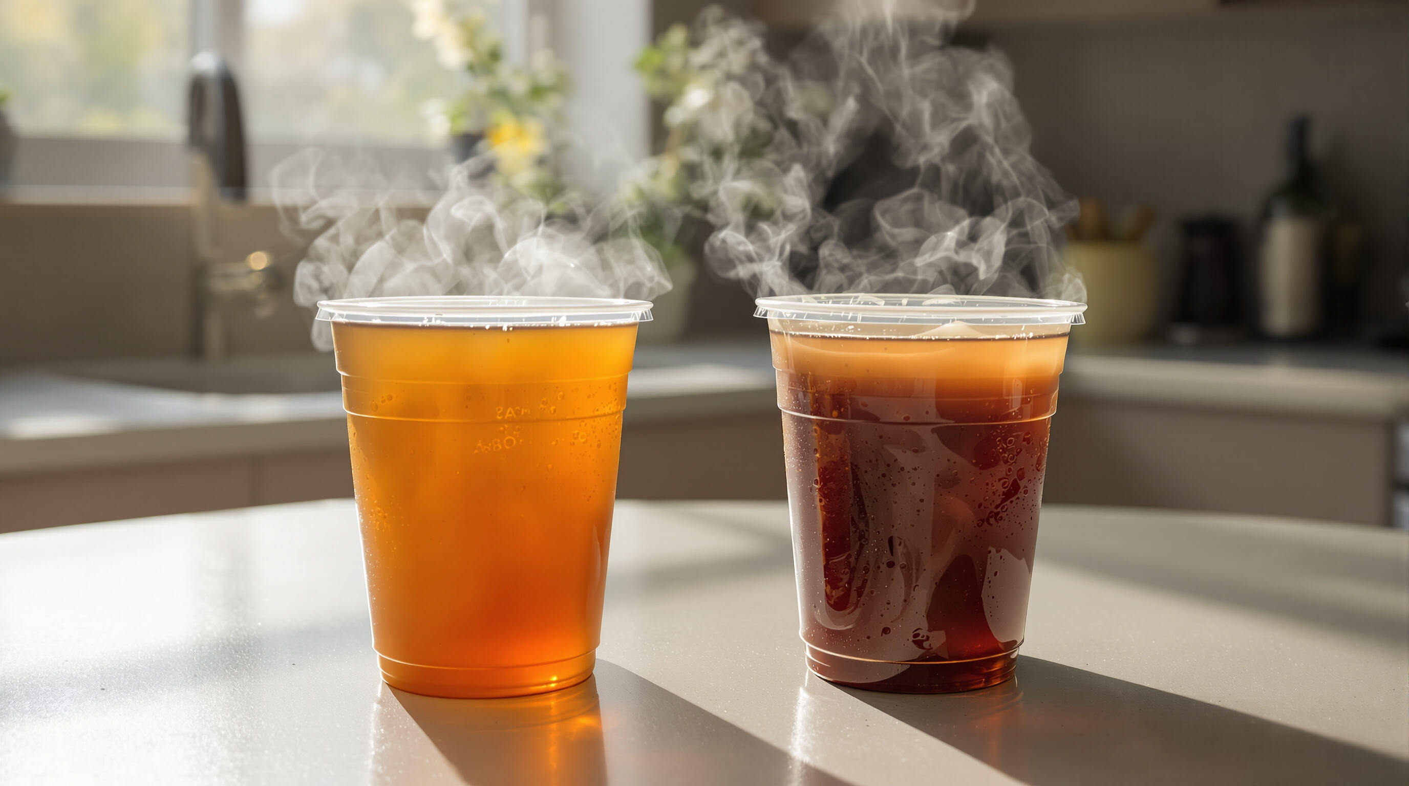 Two plastic yard cups with hot and cold beverages showing steam and condensation to illustrate safety considerations