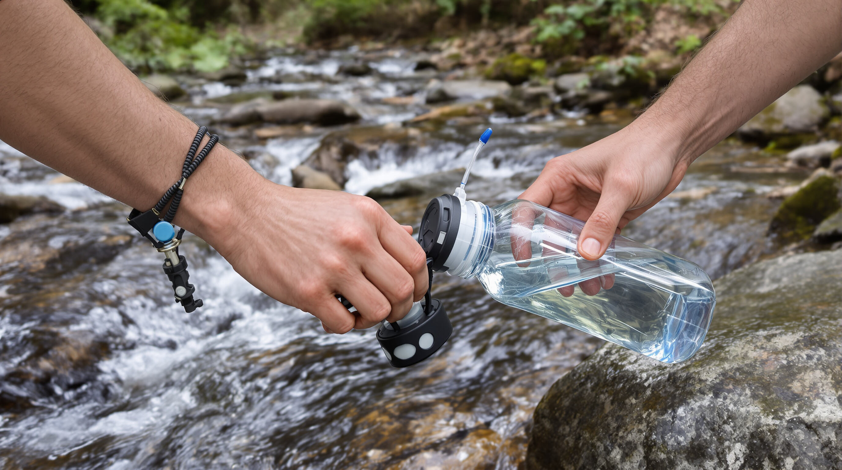 Plastic bottle with filter attached collecting water from a mountain stream