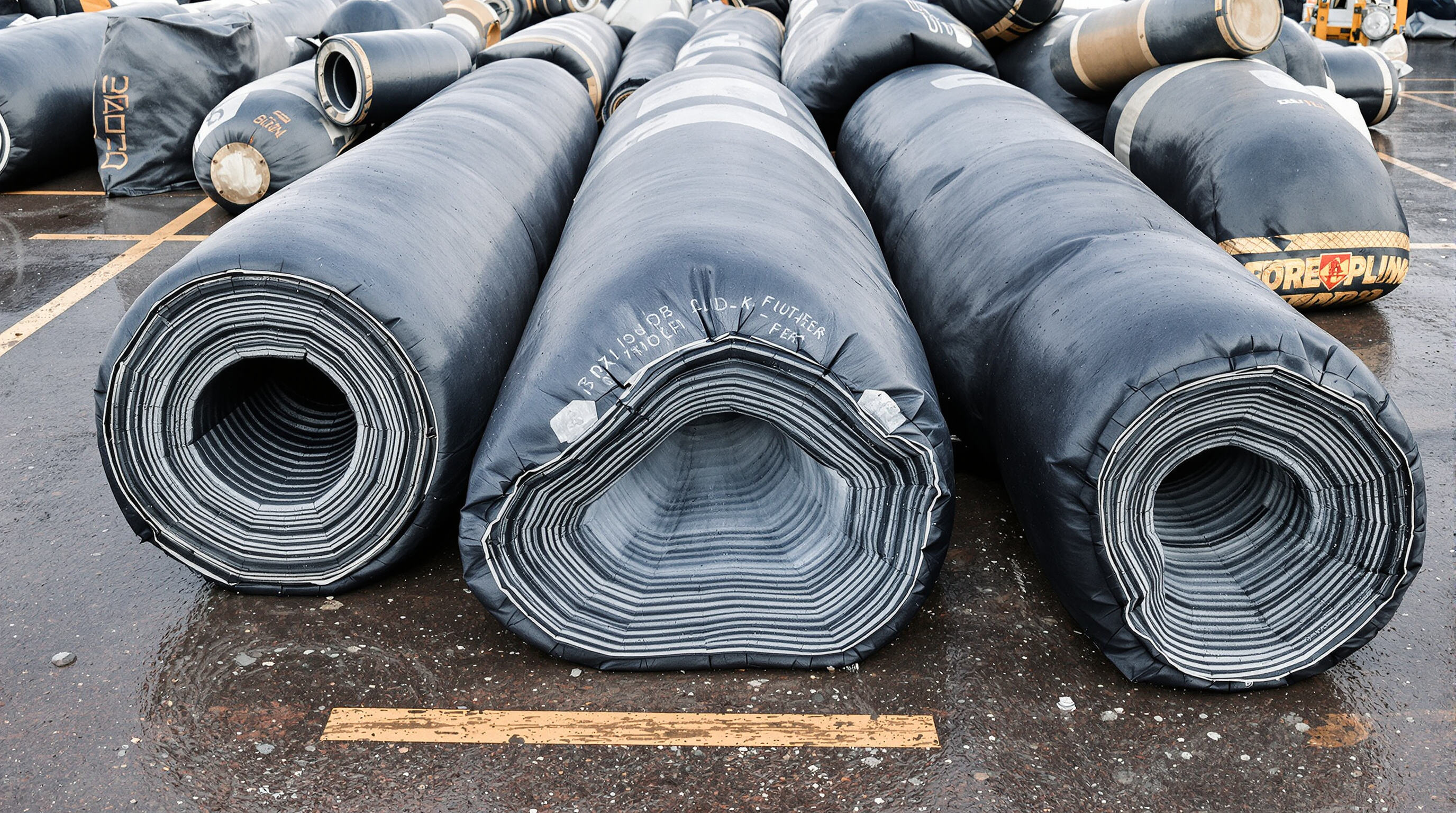 Close-up of multi-layered rubber airbags with exposed synthetic cord layers on a shipyard surface