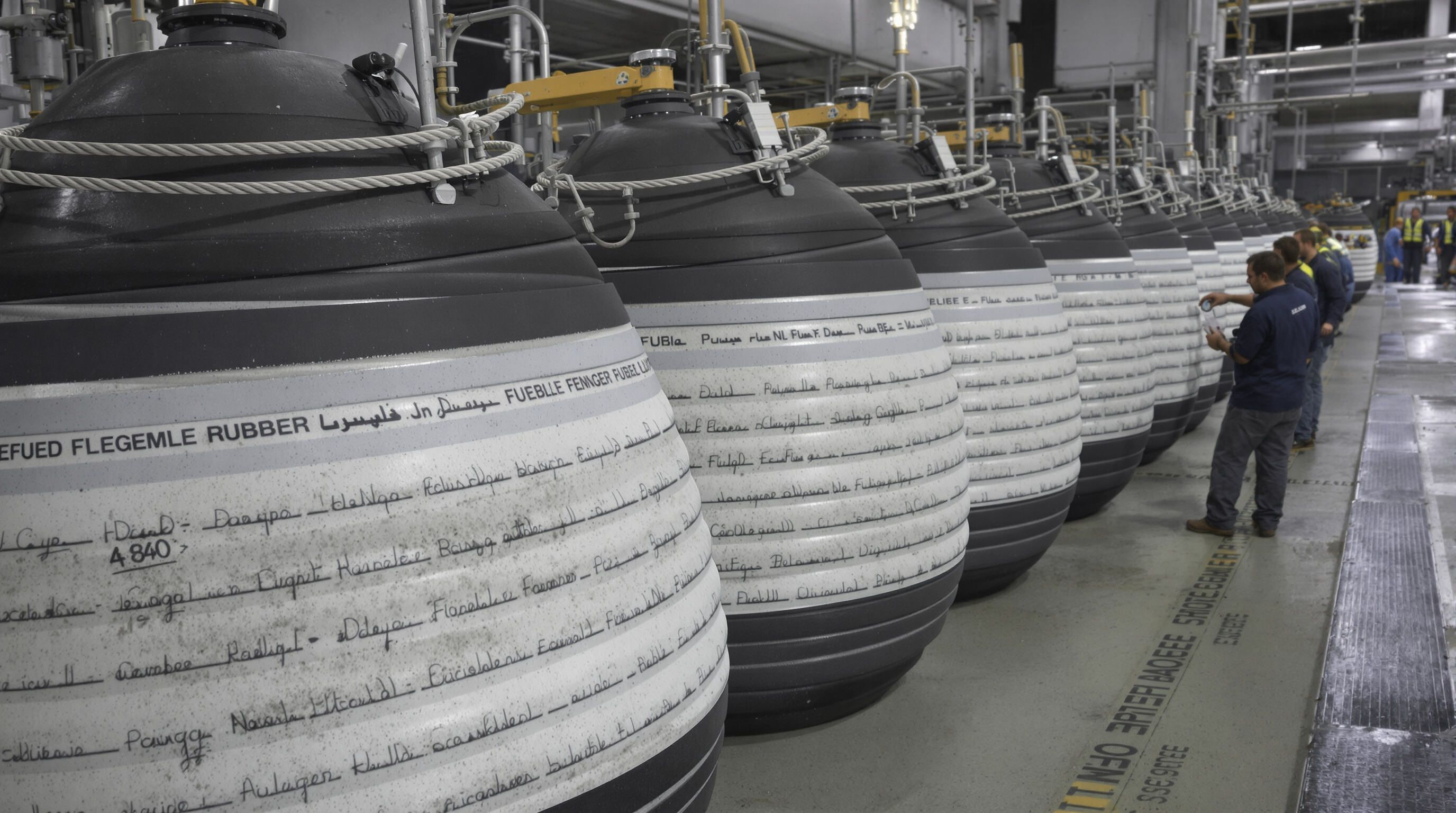 Technicians examining pneumatic rubber fenders in a marine testing facility
