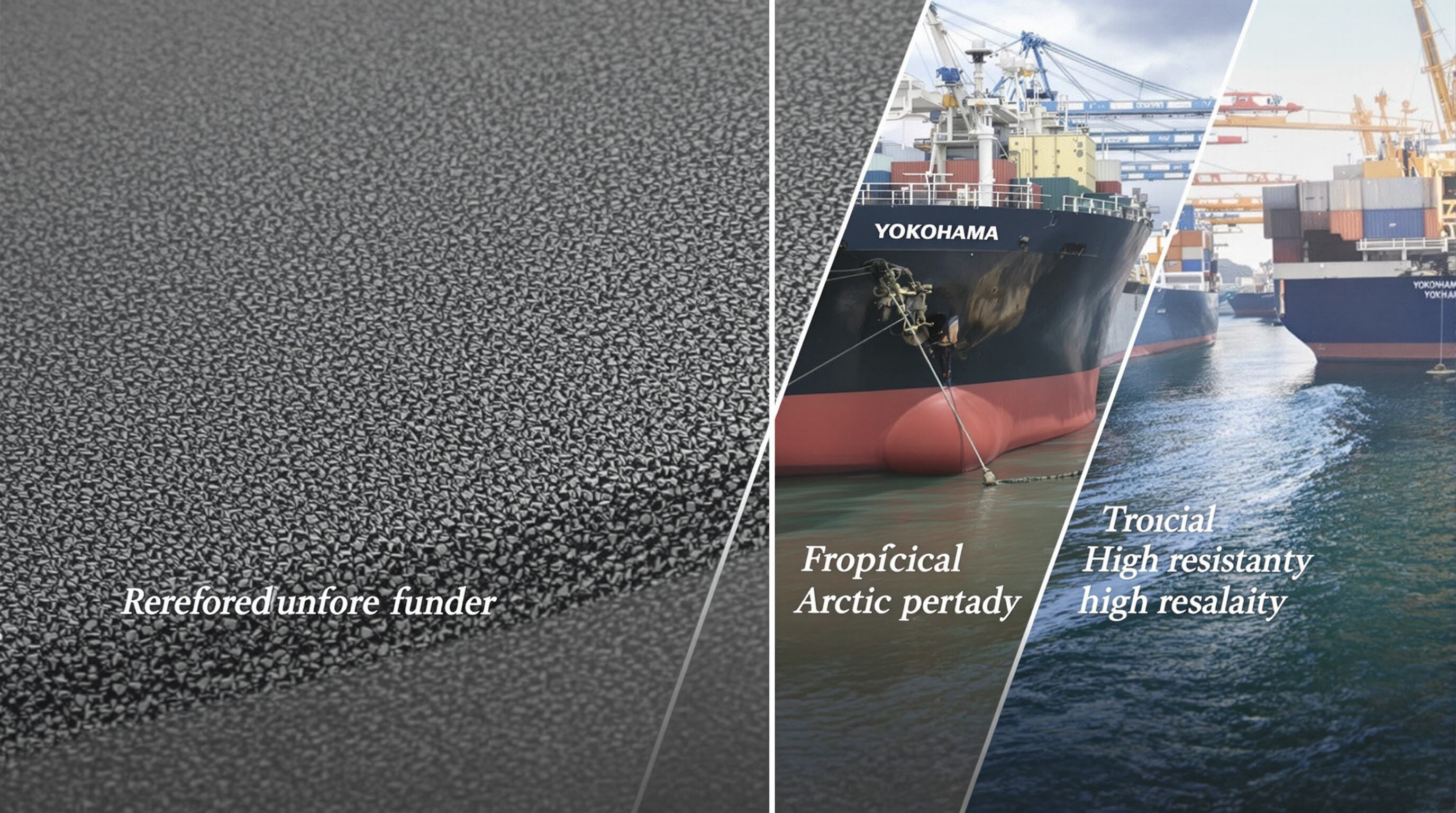 Detailed view of a Yokohama fender’s tough surface with background scenes showing different port environments for durability.