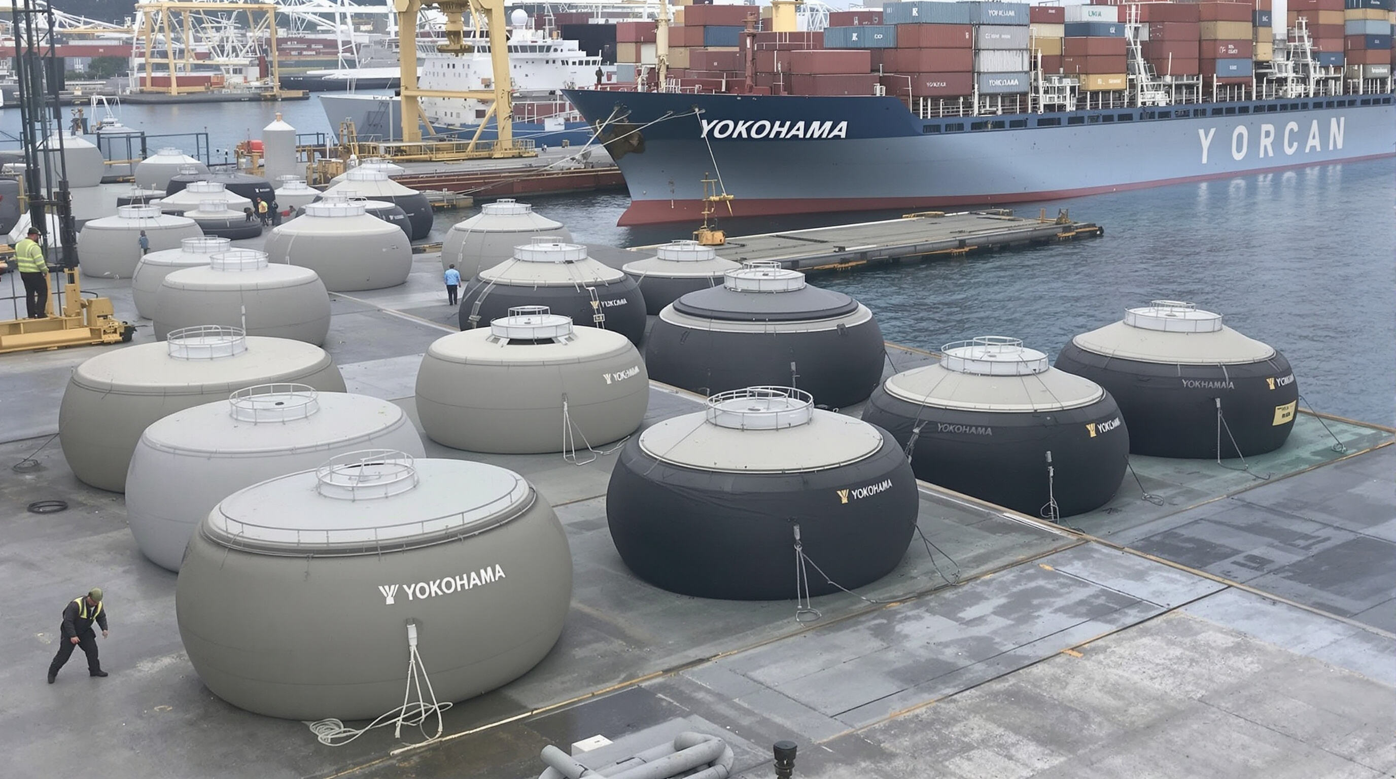 Different sizes of Yokohama fenders fitted to a busy port dock with large cargo ships and a worker checking their installation.