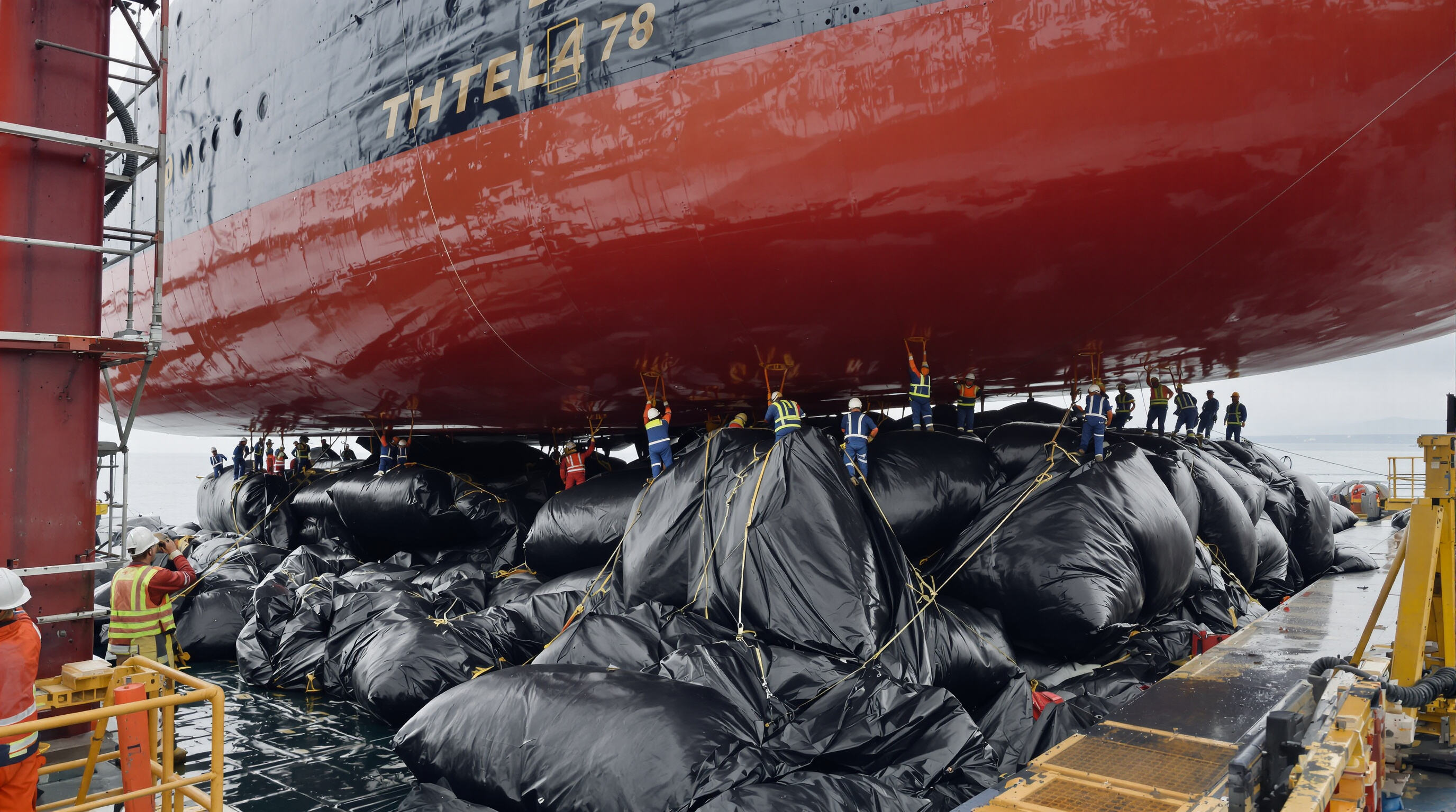 Team positioning rubber airbags under a ship hull in a coastal shipyard