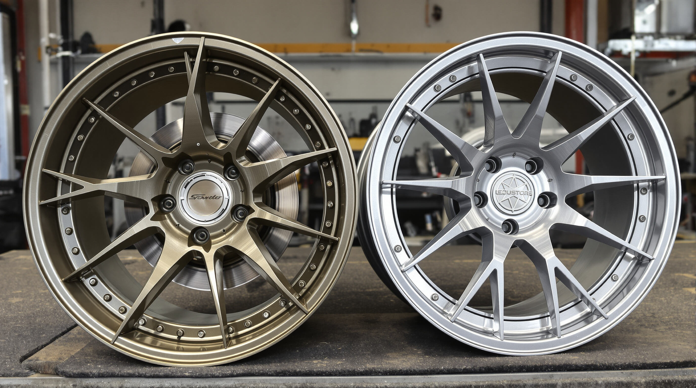 Close-up of forged and cast custom wheels on a workbench showing surface details