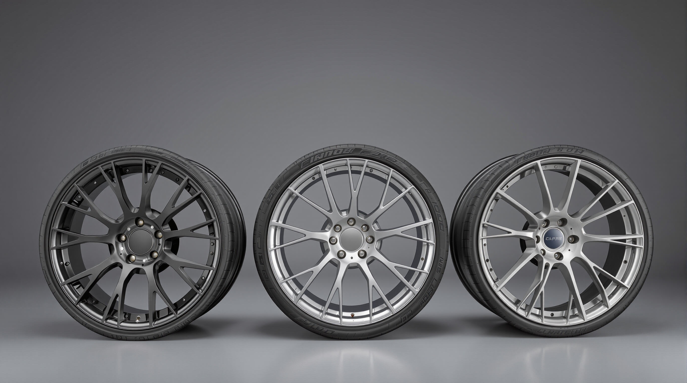 Three types of car wheels—steel, aluminum, carbon fiber—displayed side by side to show material differences