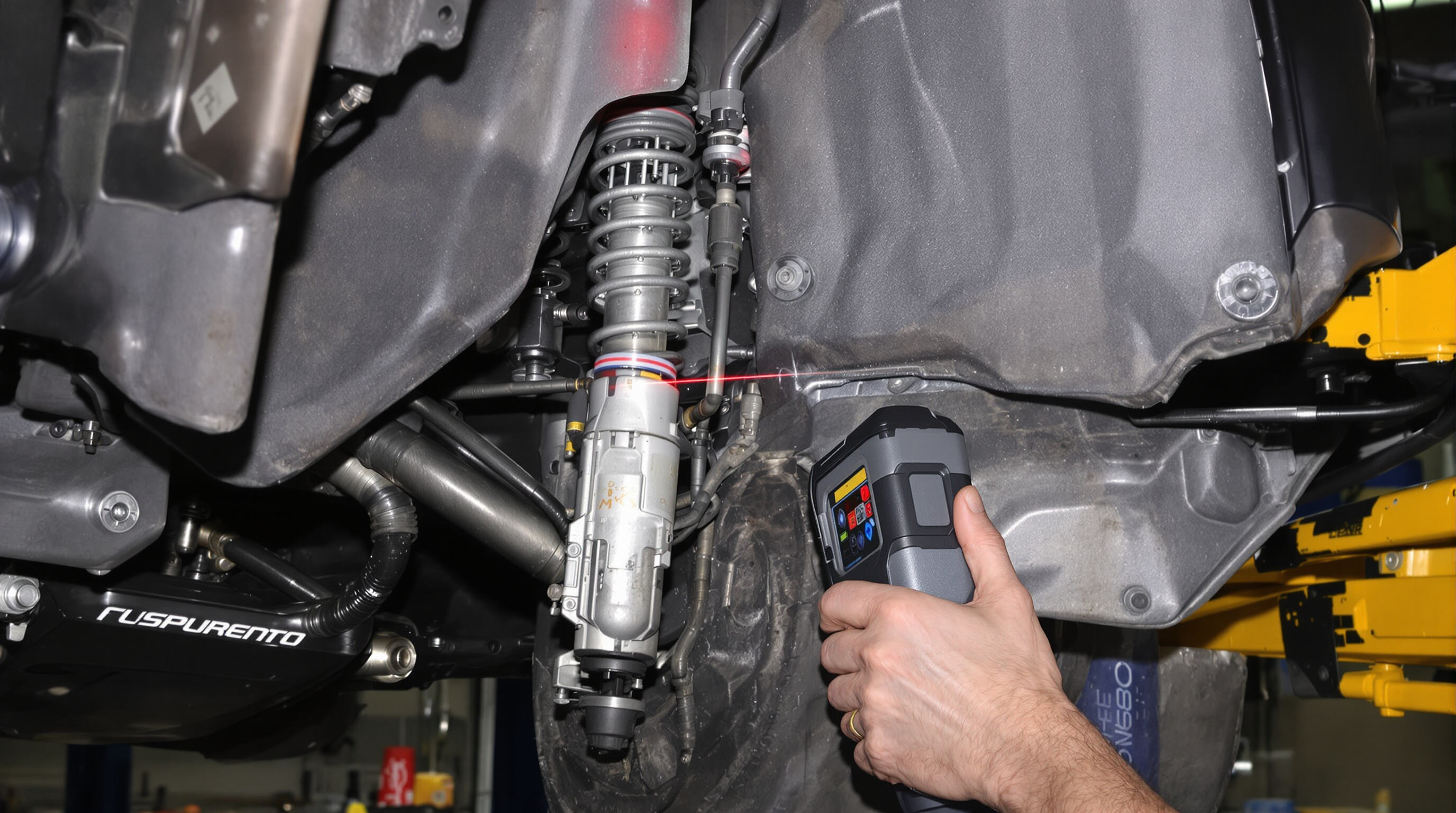 Photorealistic image of a tire and fender showing the clearance being inspected in a workshop setting