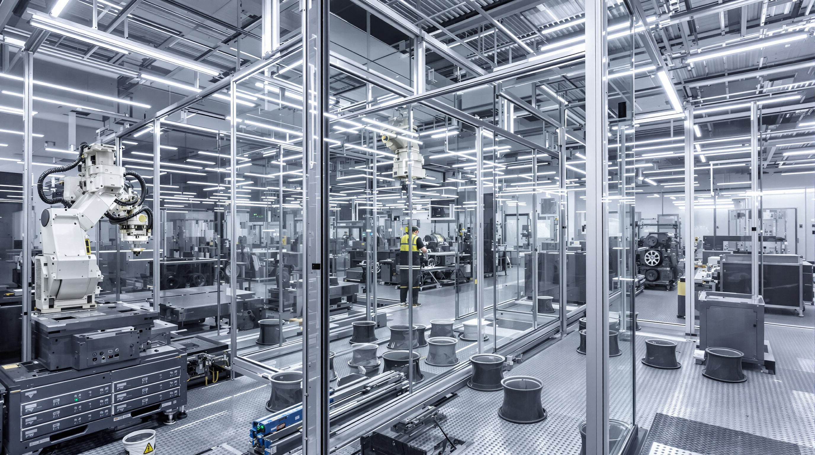 Photo inside a wheel factory with advanced resin transfer molding machinery and robotic arm working on carbon fiber wheels