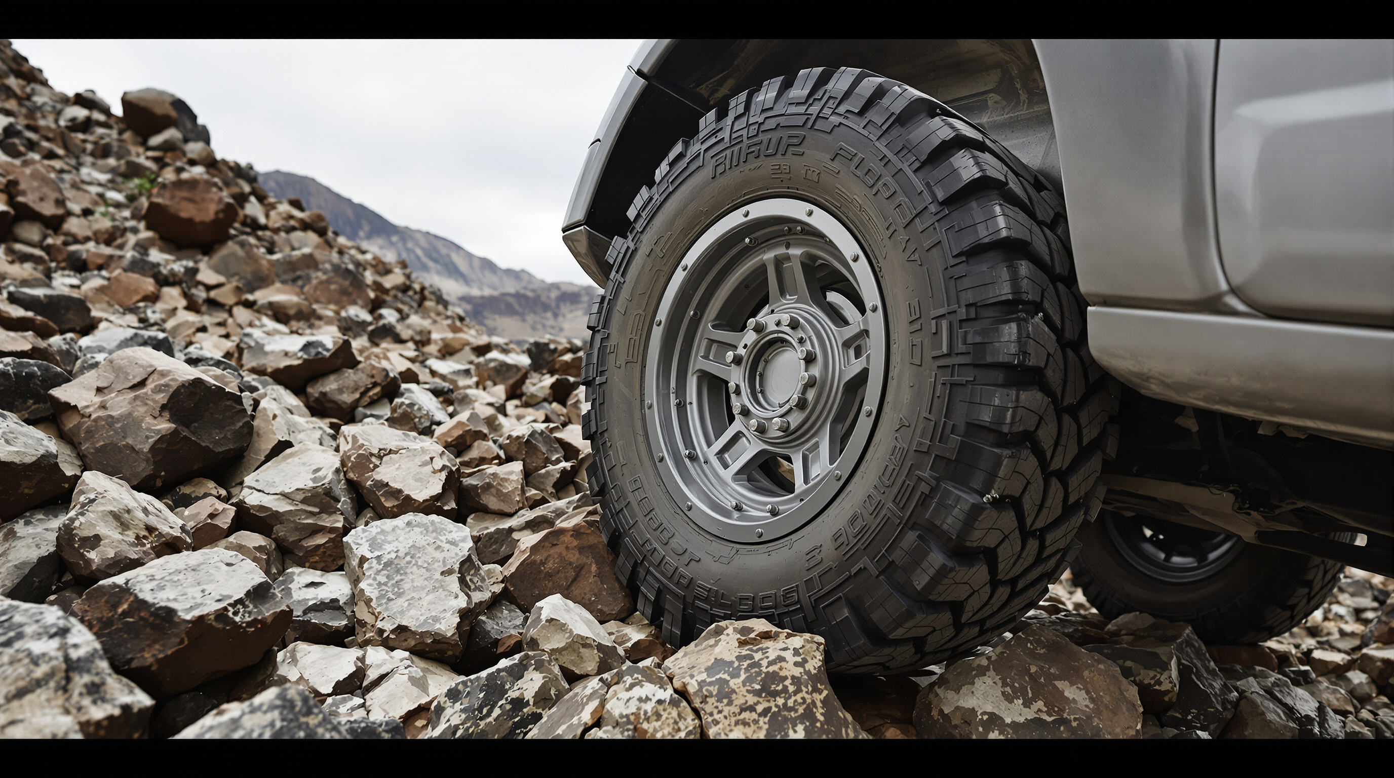 Off-road vehicle tire with beadlock wheel gripping a rocky surface, showing secure bead lock under low pressure