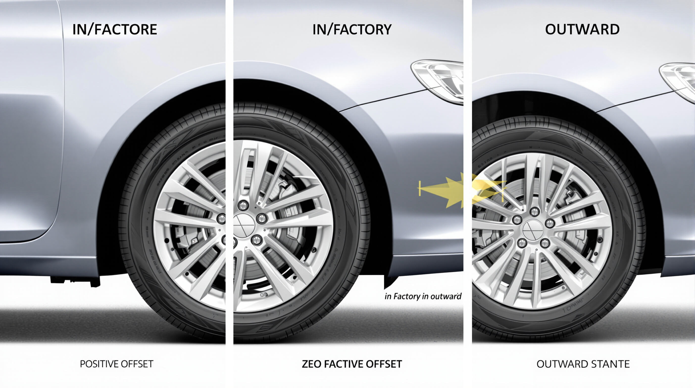Photorealistic image of a car wheel illustrating positive, zero, and negative offset positions relative to the fender