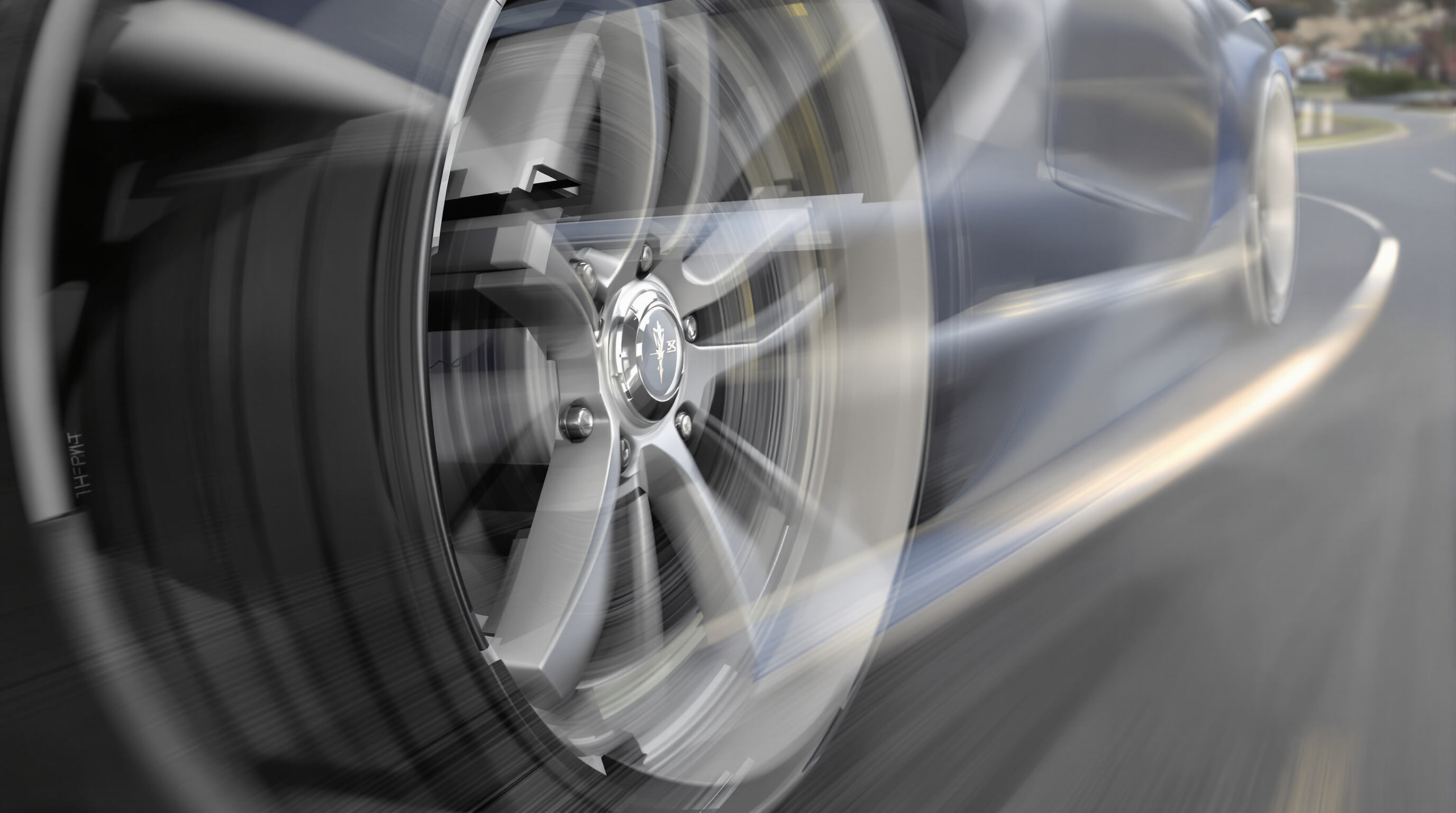 Detailed close-up of a moving car wheel rim highlighting lightweight materials and structure