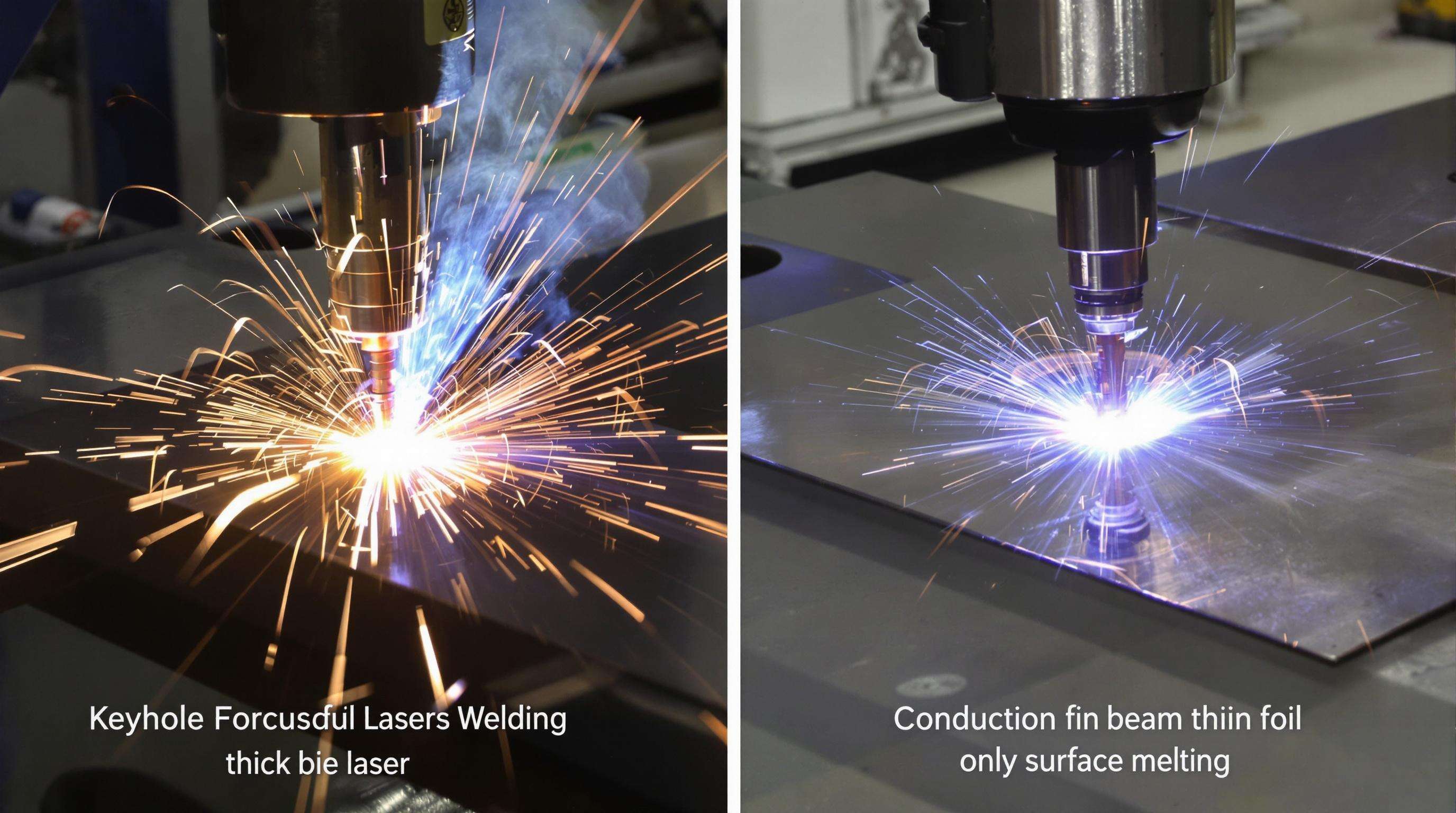 Photorealistic comparison of deep-penetration keyhole welding on thick steel and gentle conduction welding on thin foil, set in an industrial workshop