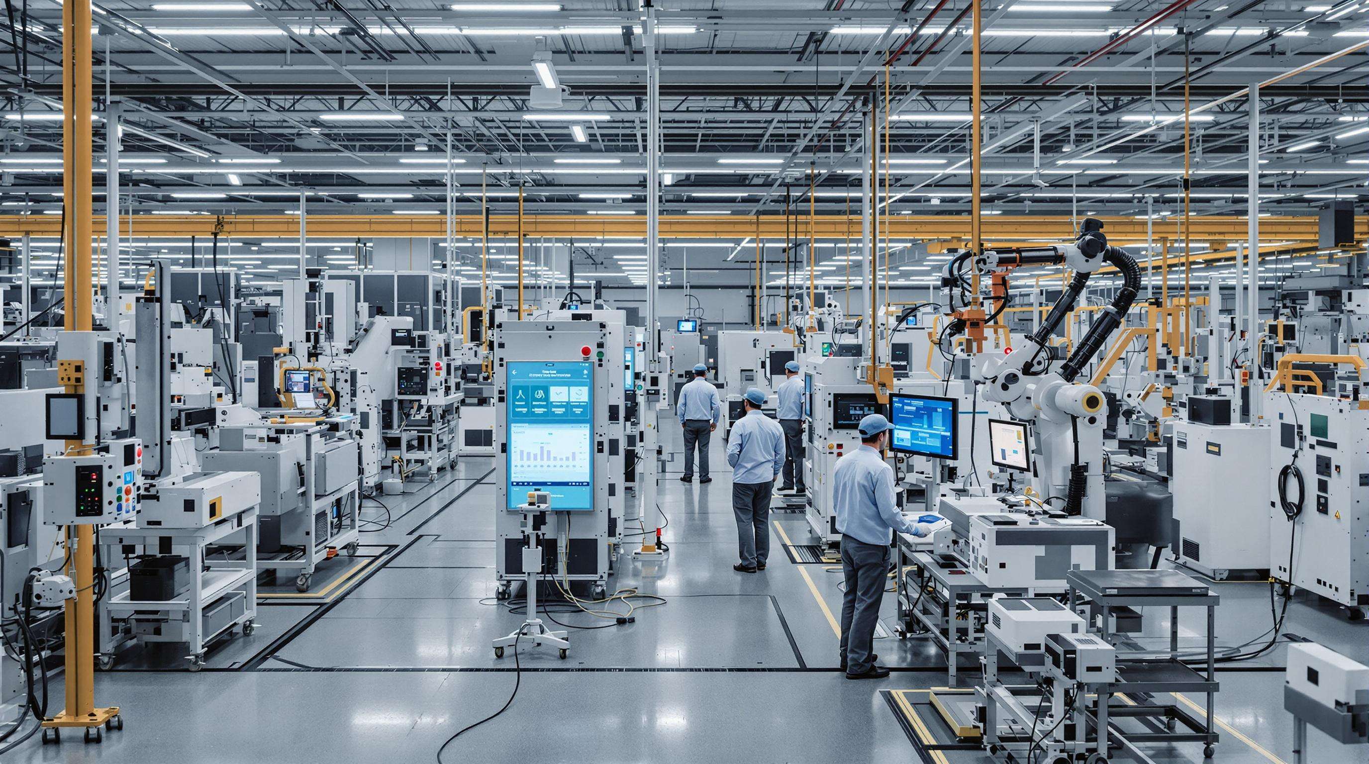 IoT-enabled laser welding stations and technicians on a smart manufacturing floor
