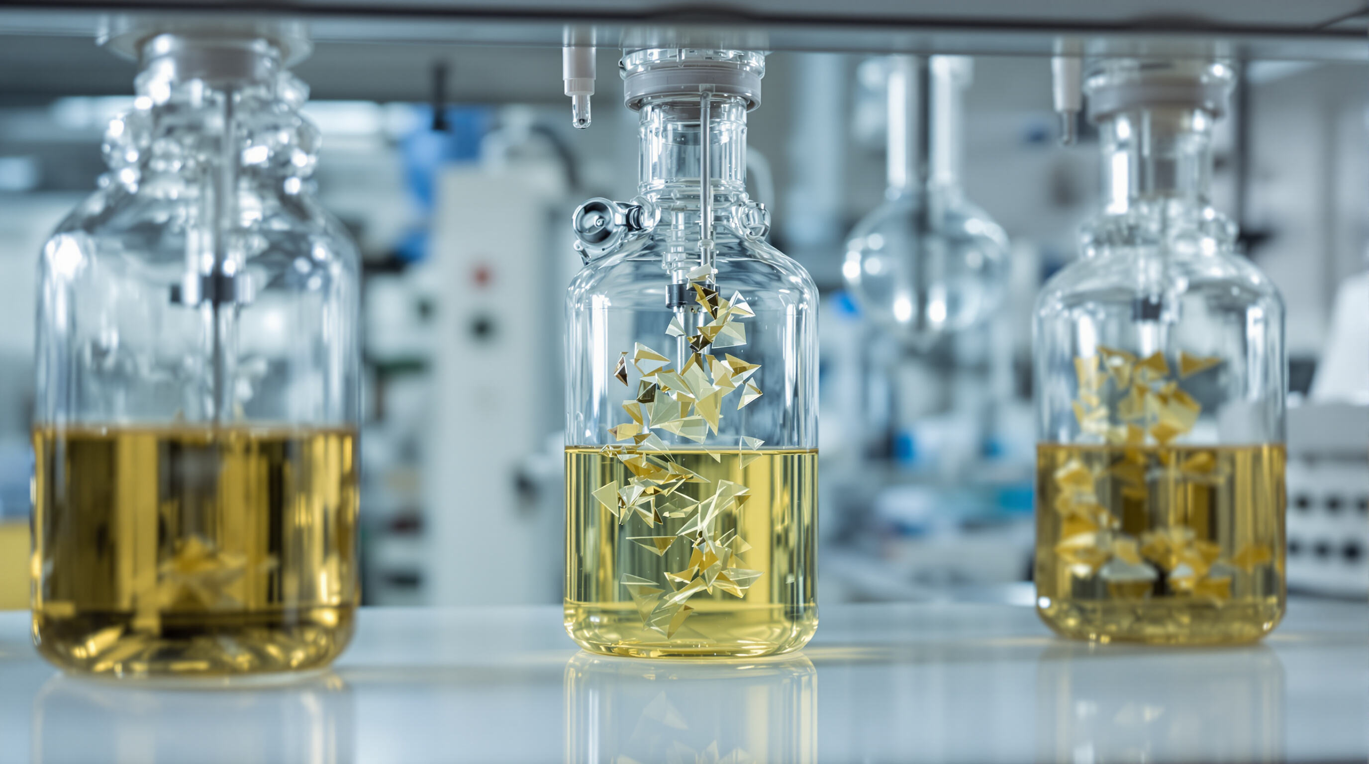 Photo-real laboratory setup where epoxy is chemically recycled with aliphatic amines, with separated resin fragments and liquid.