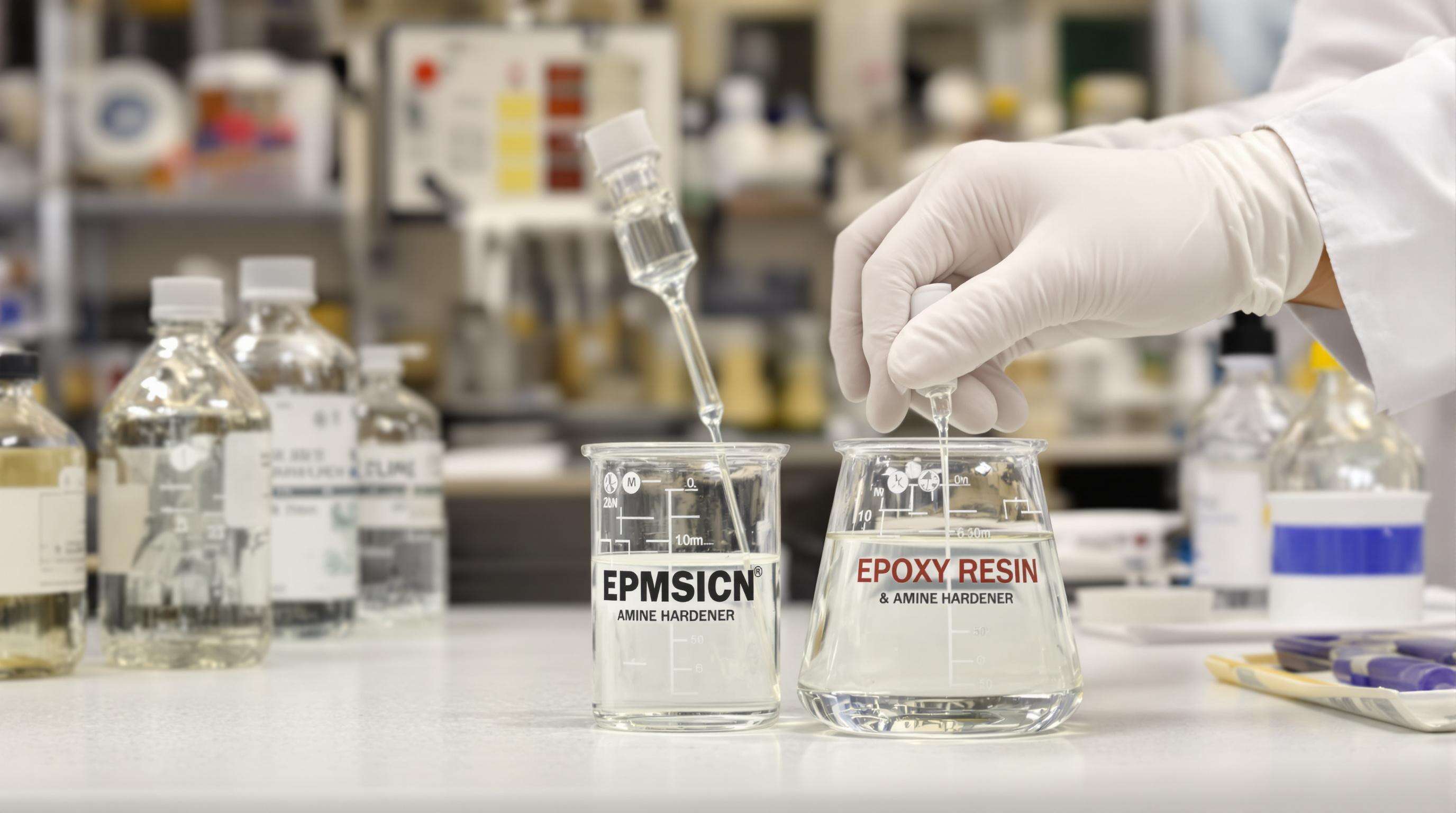 Chemist mixing amine hardener and epoxy resin in a laboratory with curing samples nearby