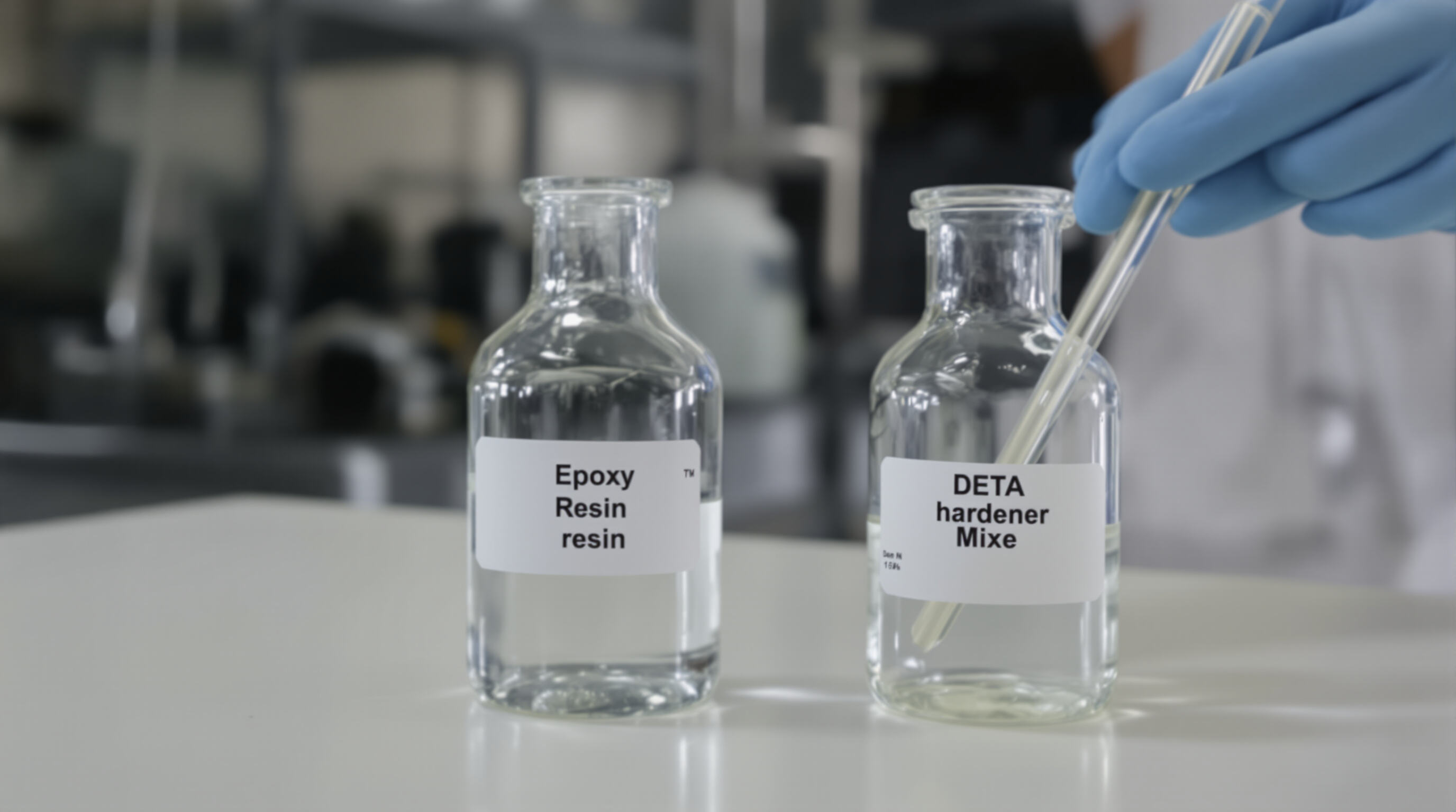 Photorealistic scene of a gloved technician preparing to mix epoxy resin and DETA hardener in a laboratory
