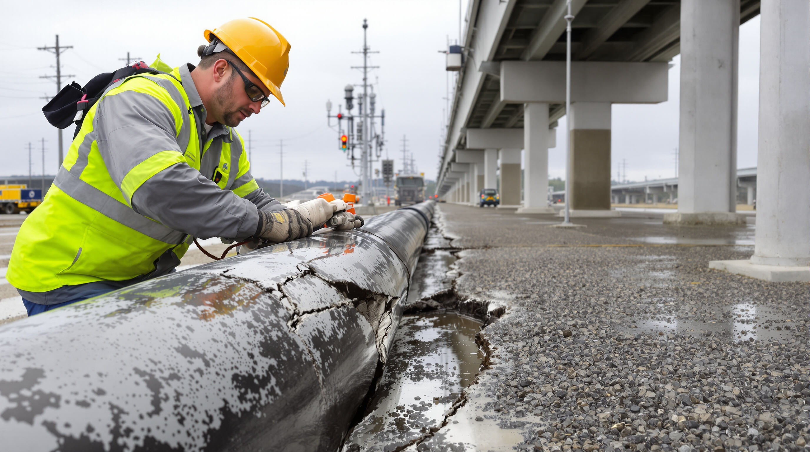 Technician using epoxy to repair a steel pipeline under field conditions with infrastructure and utility vehicles in the background