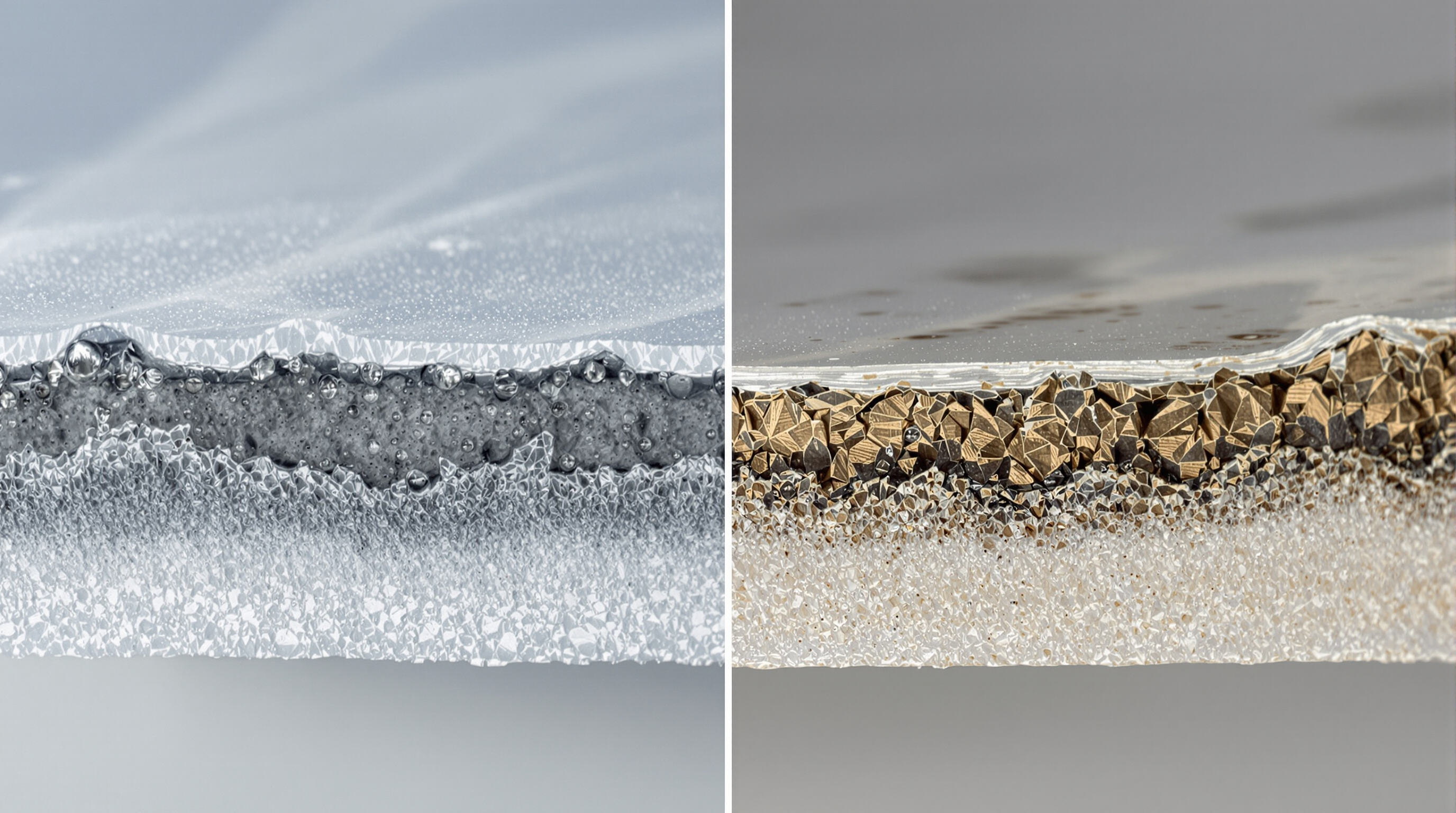 Photorealistic cross-section of epoxy illustrating both hydrolytic (moisture-exposed) and thermal (heat-exposed) degradation pathways.
