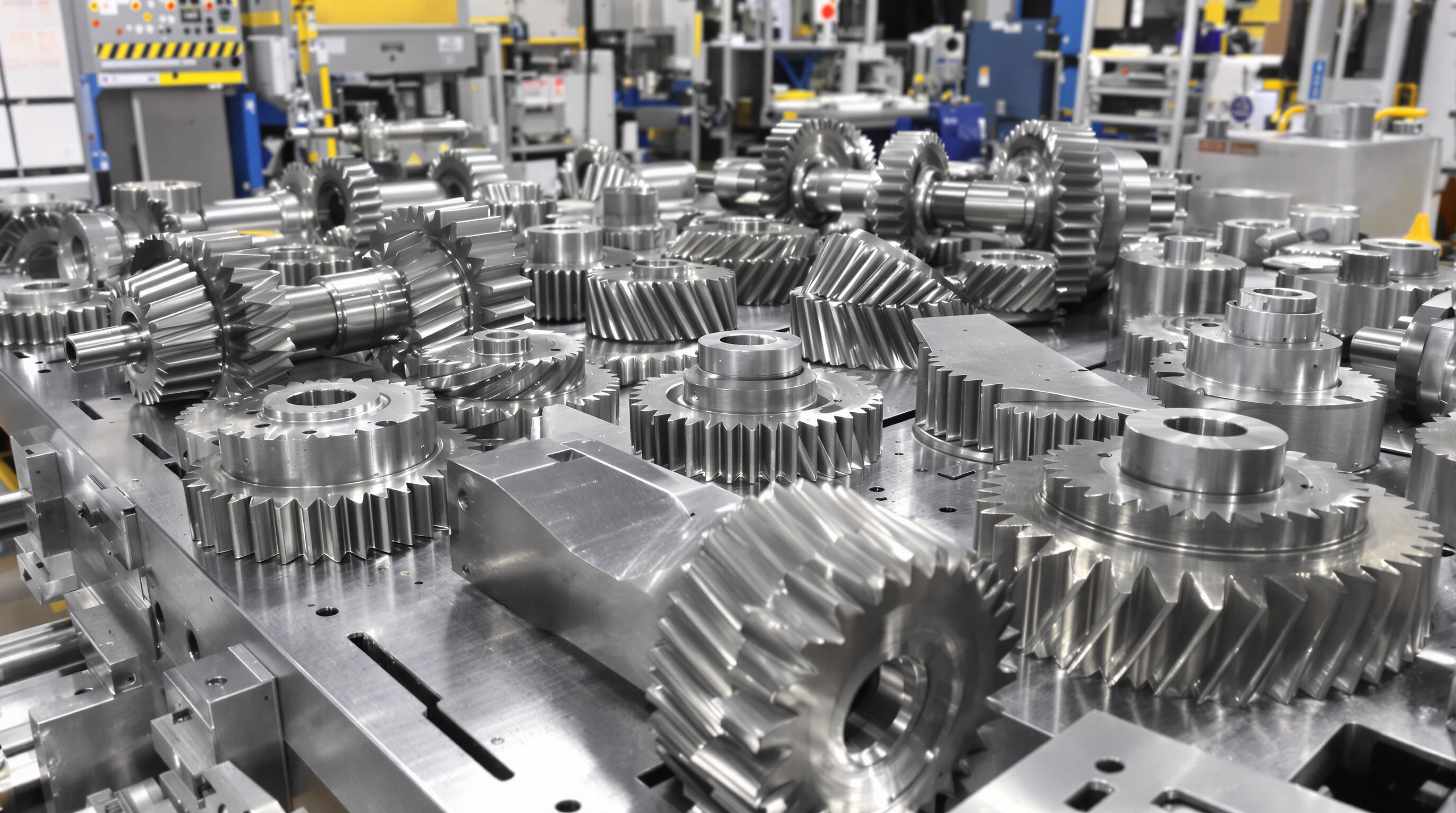 Photorealistic close-up of CNC-machined gears and shafts with precise details in an industrial setting