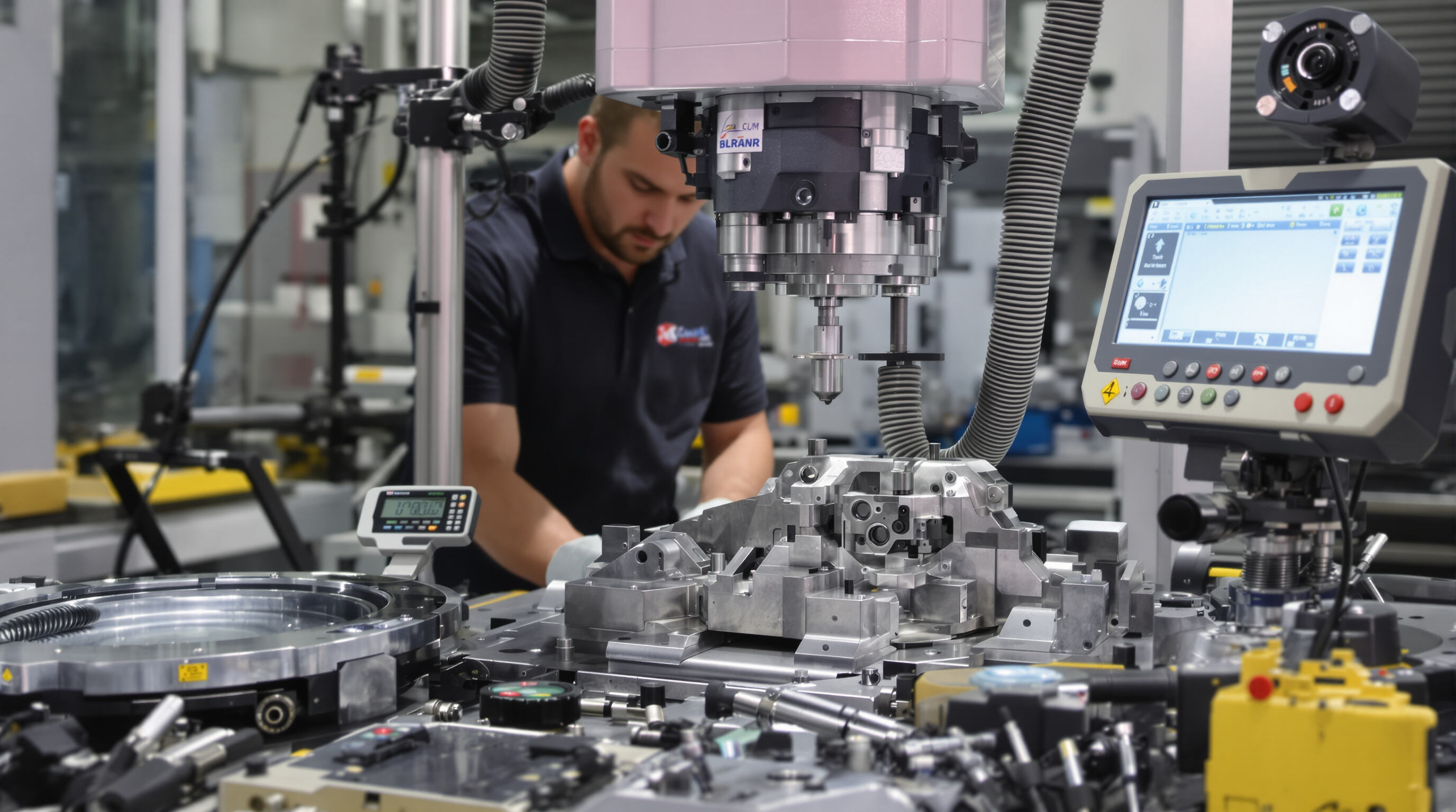 Technician using a coordinate measuring machine to inspect a metal part under controlled lighting