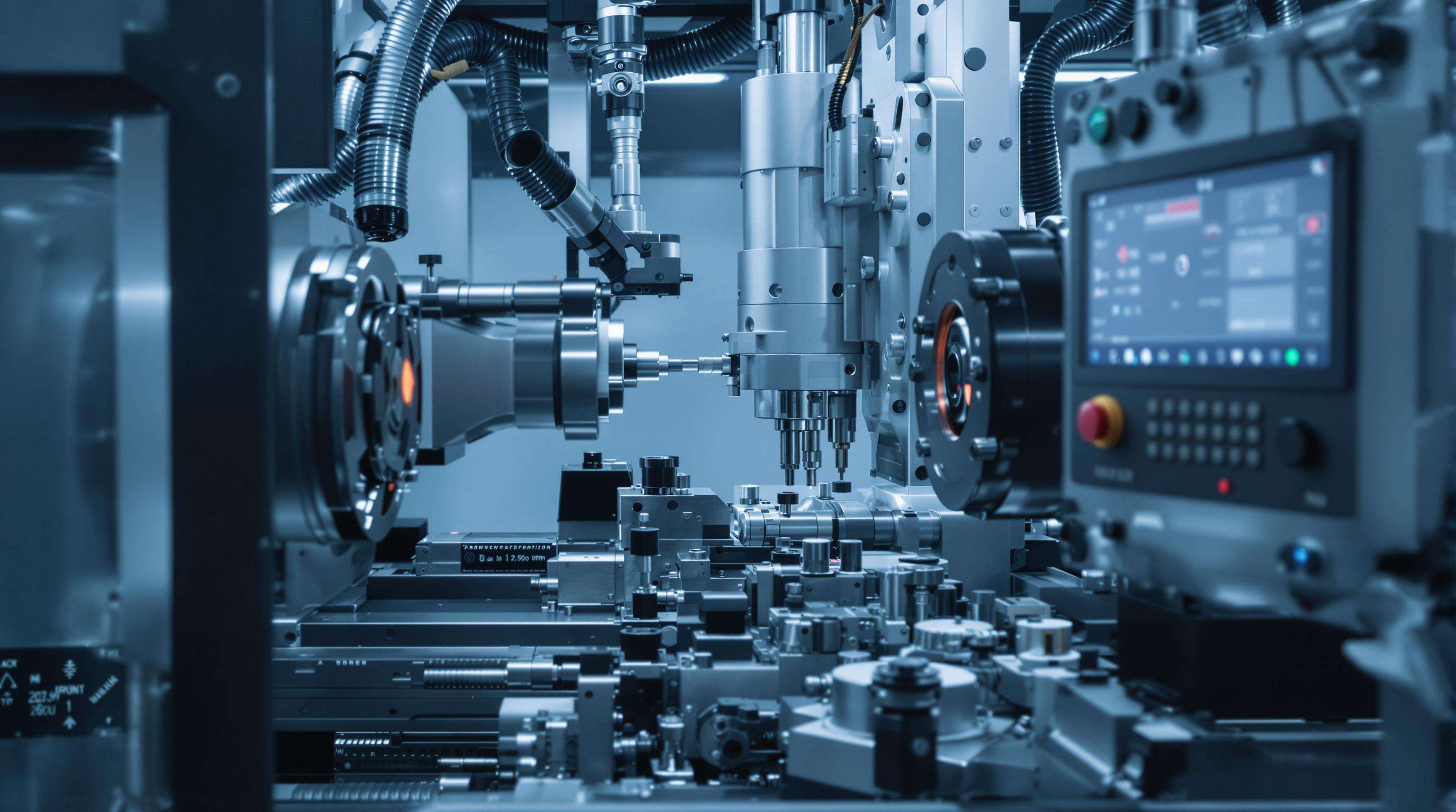 Close-up photo of an advanced CNC lathe with AI sensors and automation features operating on a metal part