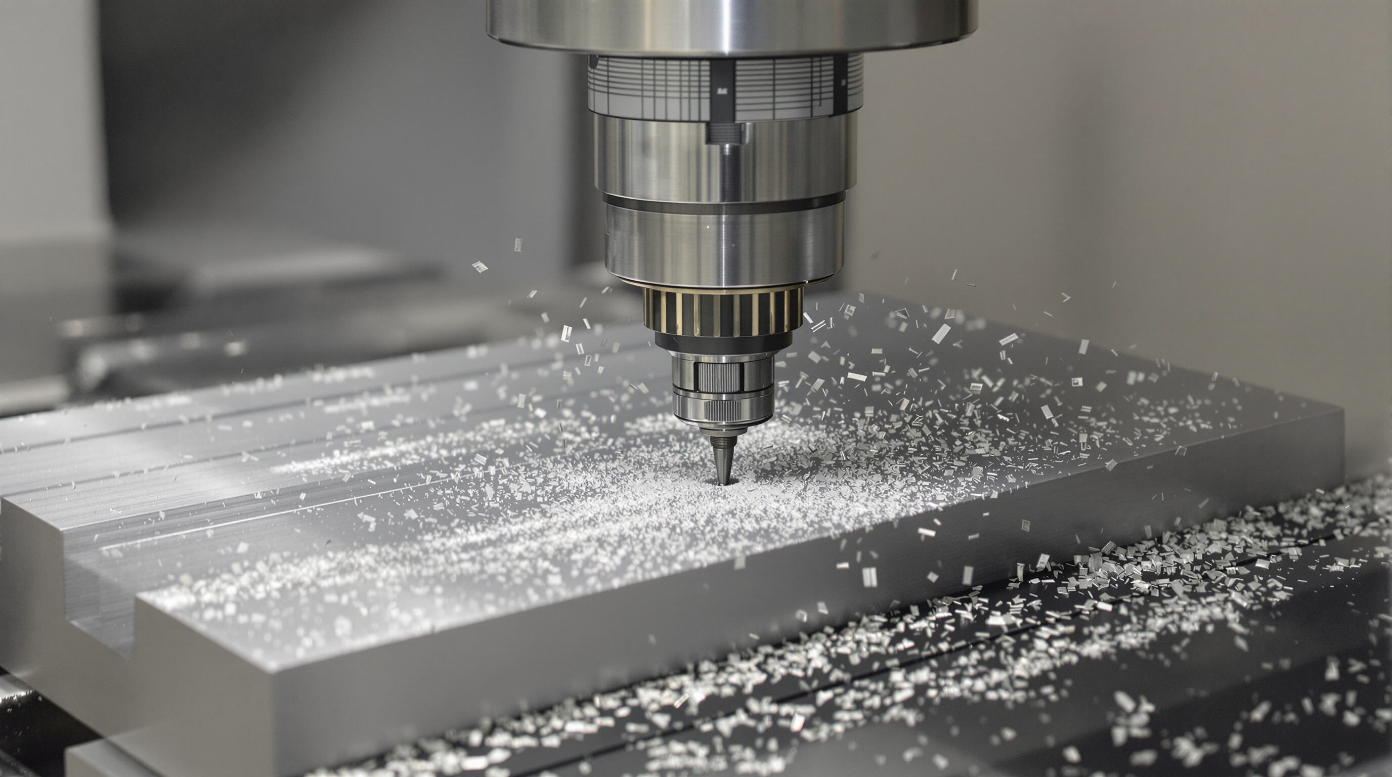 CNC milling machine cutting an aluminum part with coolant spray and metal shavings, digital monitoring equipment visible