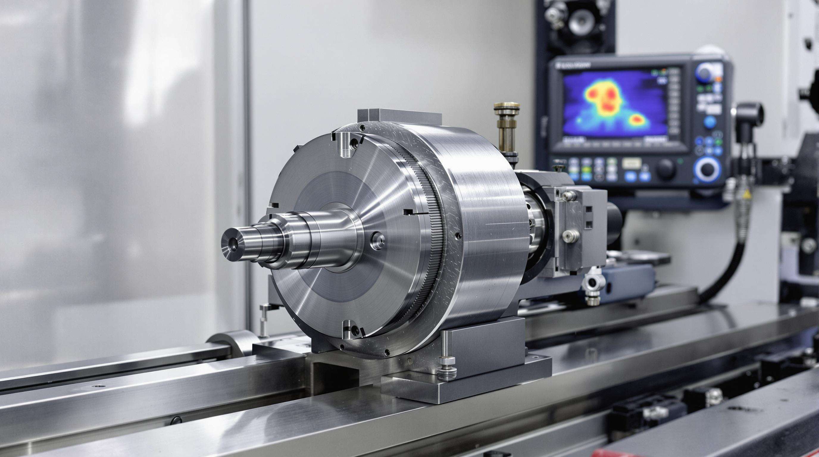 Close-up of CNC lathe spindle and guides on an inclined bed with background thermal camera.