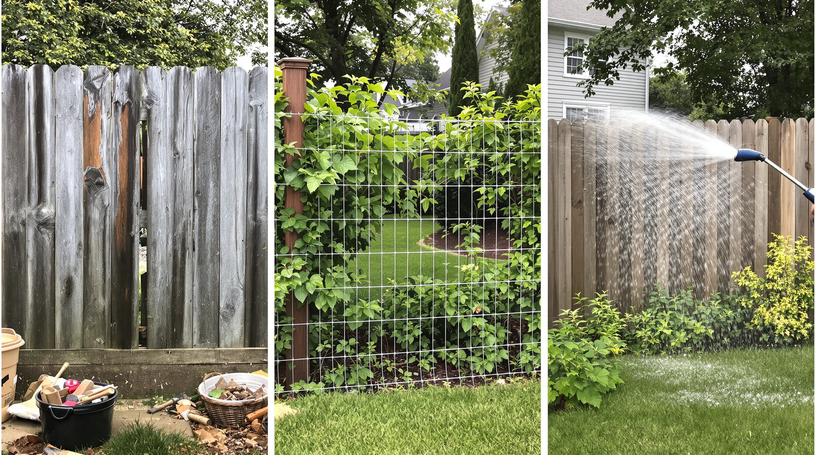 Wood, vinyl-coated wire, and polyethylene garden fences each shown with their common maintenance activities.
