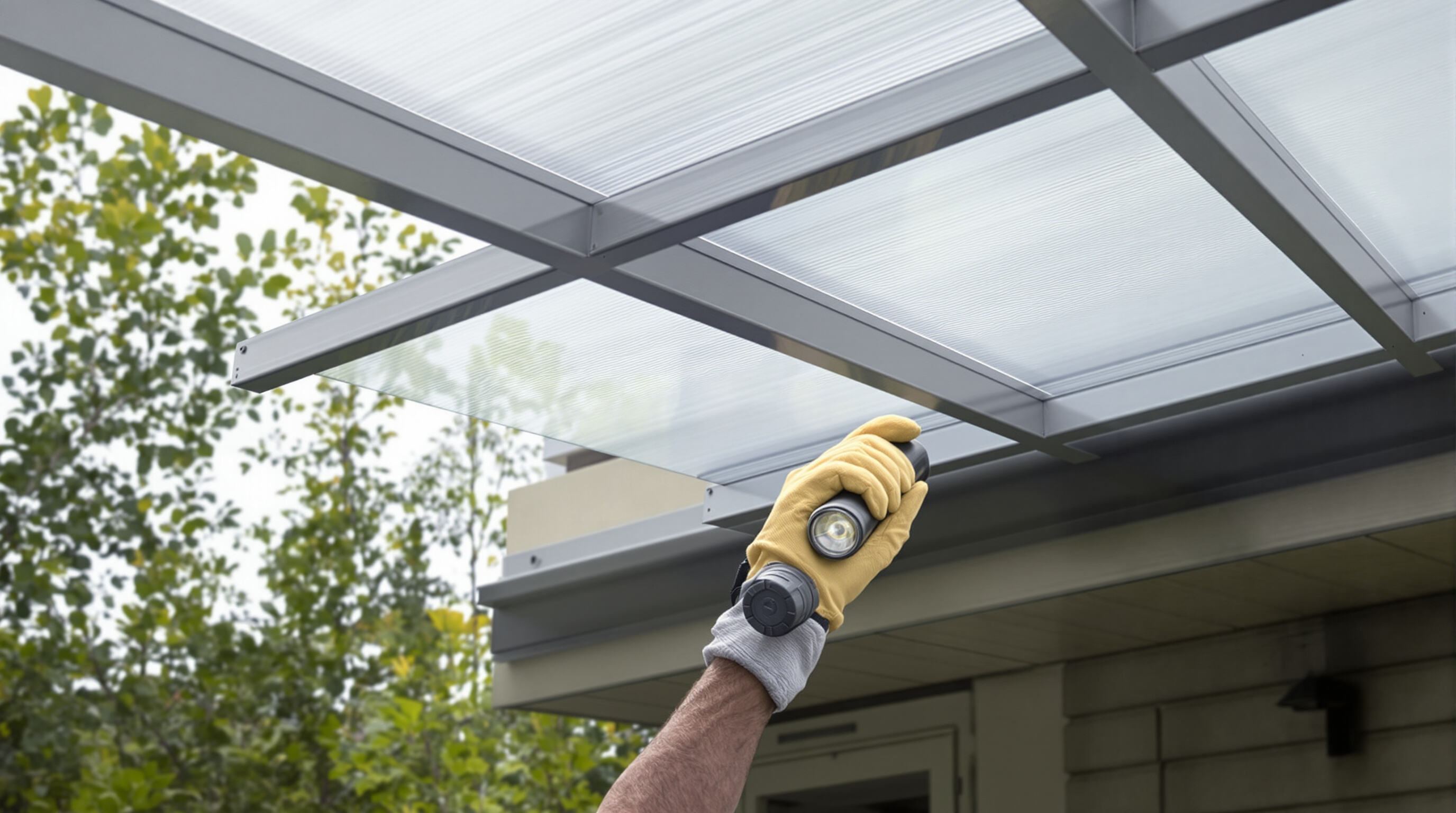 Person inspecting polycarbonate roof panel for cracks as part of long-term maintenance in a landscaped setting