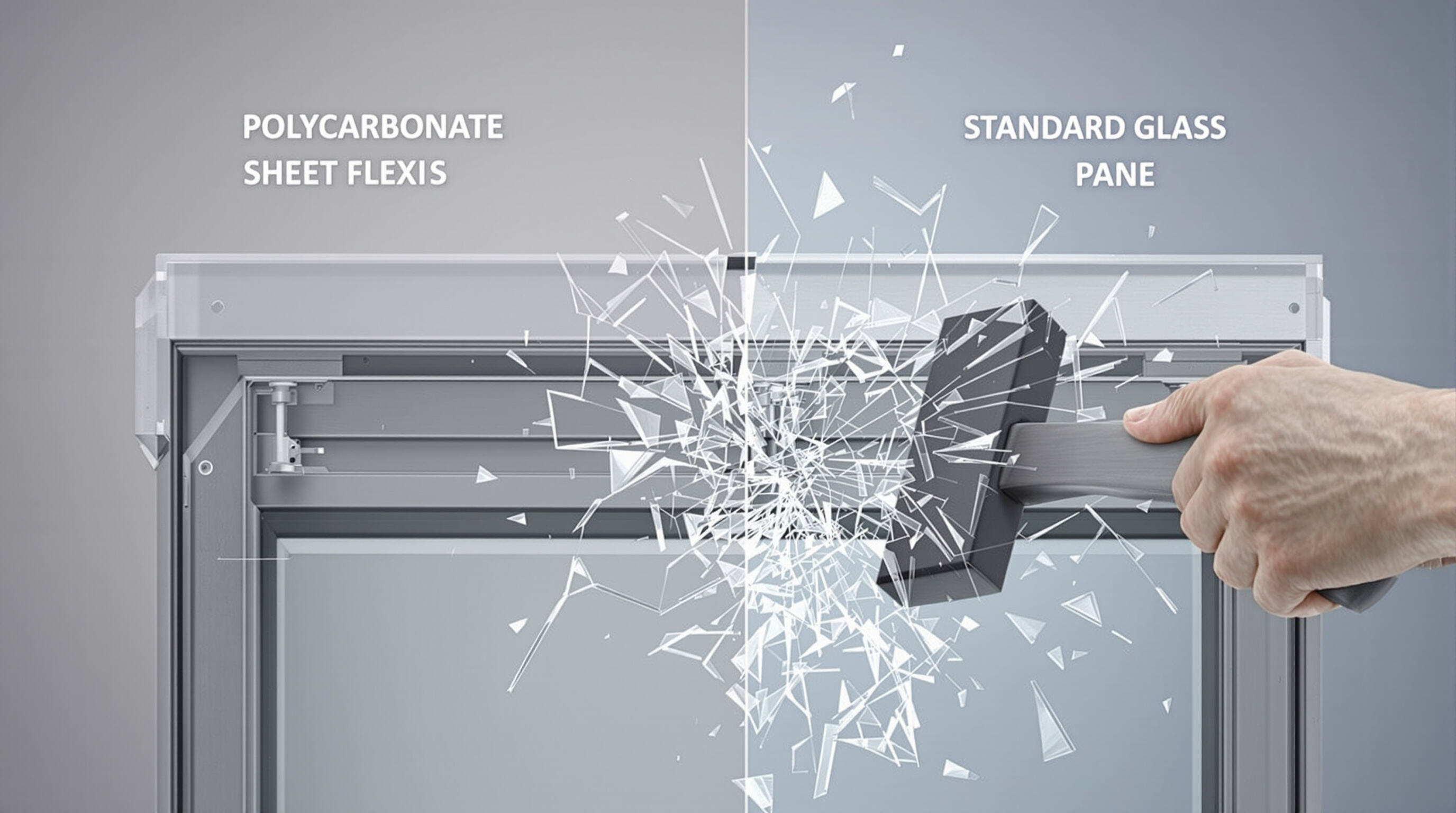 Side-by-side comparison showing a polycarbonate sheet flexing while a glass pane shatters under the same impact