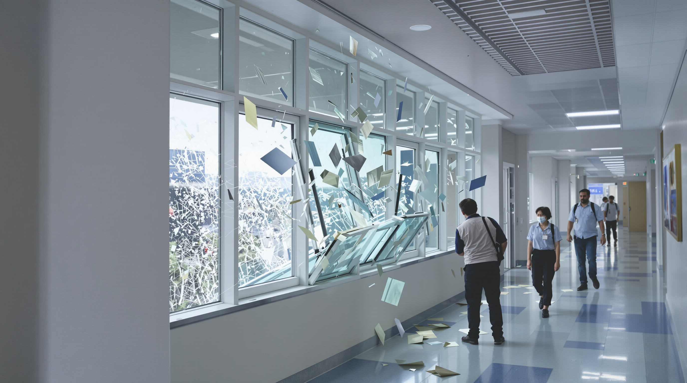 Polycarbonate window flexing under impact in a hospital corridor, with people nearby and no glass fragments present