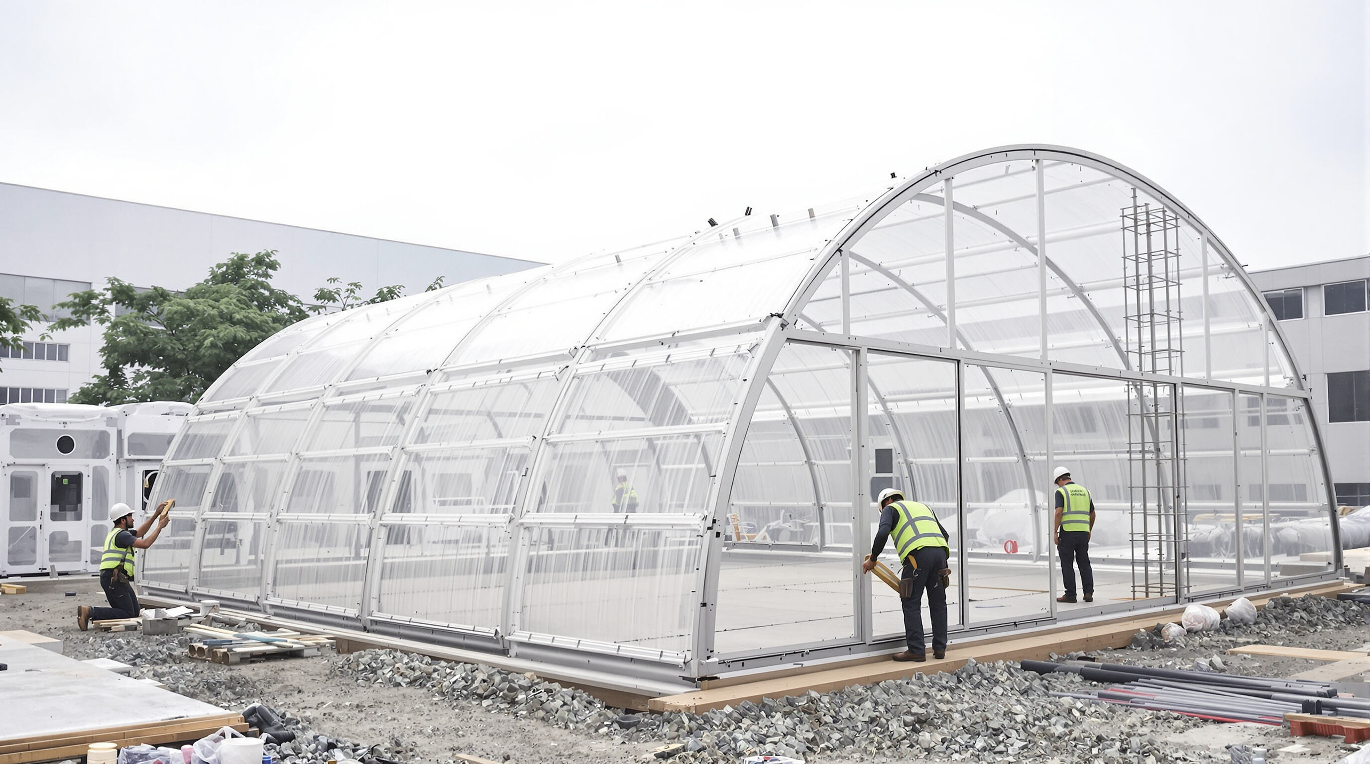 Workers assembling modular polycarbonate building segments with 3D-printed connectors at a modern construction site