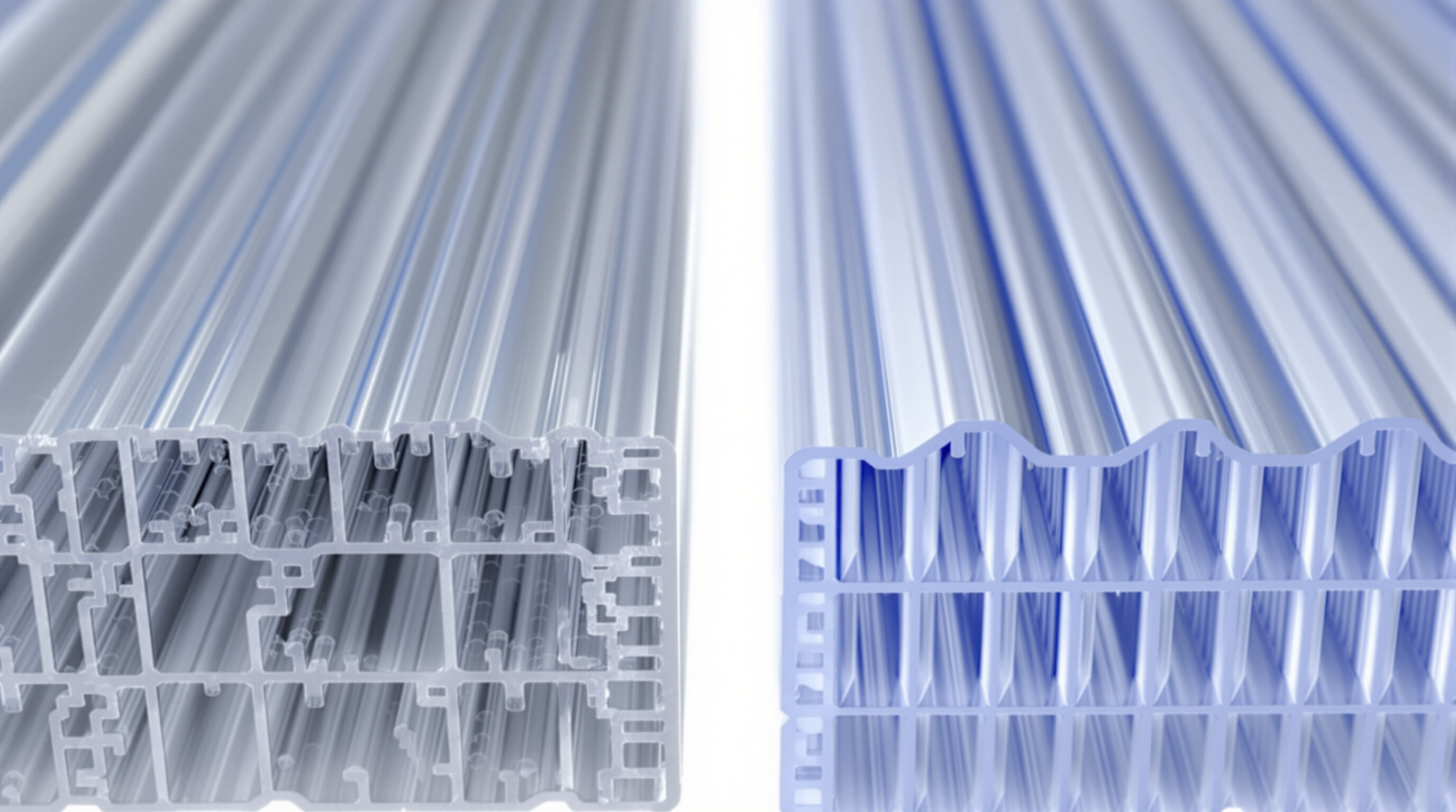 Macro cross-section showing air chambers inside multiwall and waves in corrugated polycarbonate sheets, illuminated to reveal structure