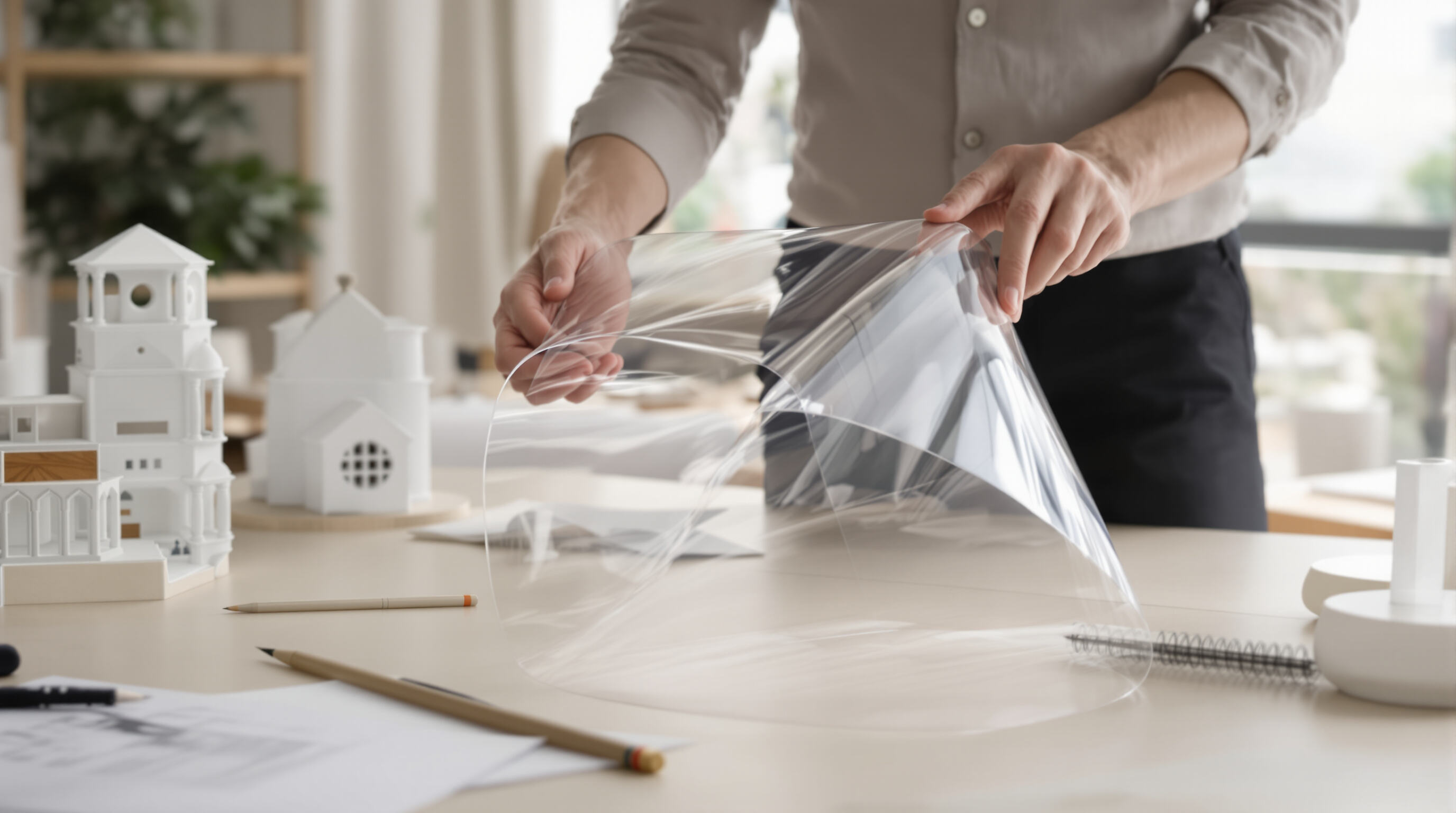 Architect bending a clear solid polycarbonate sheet in a design studio, showing its flexibility