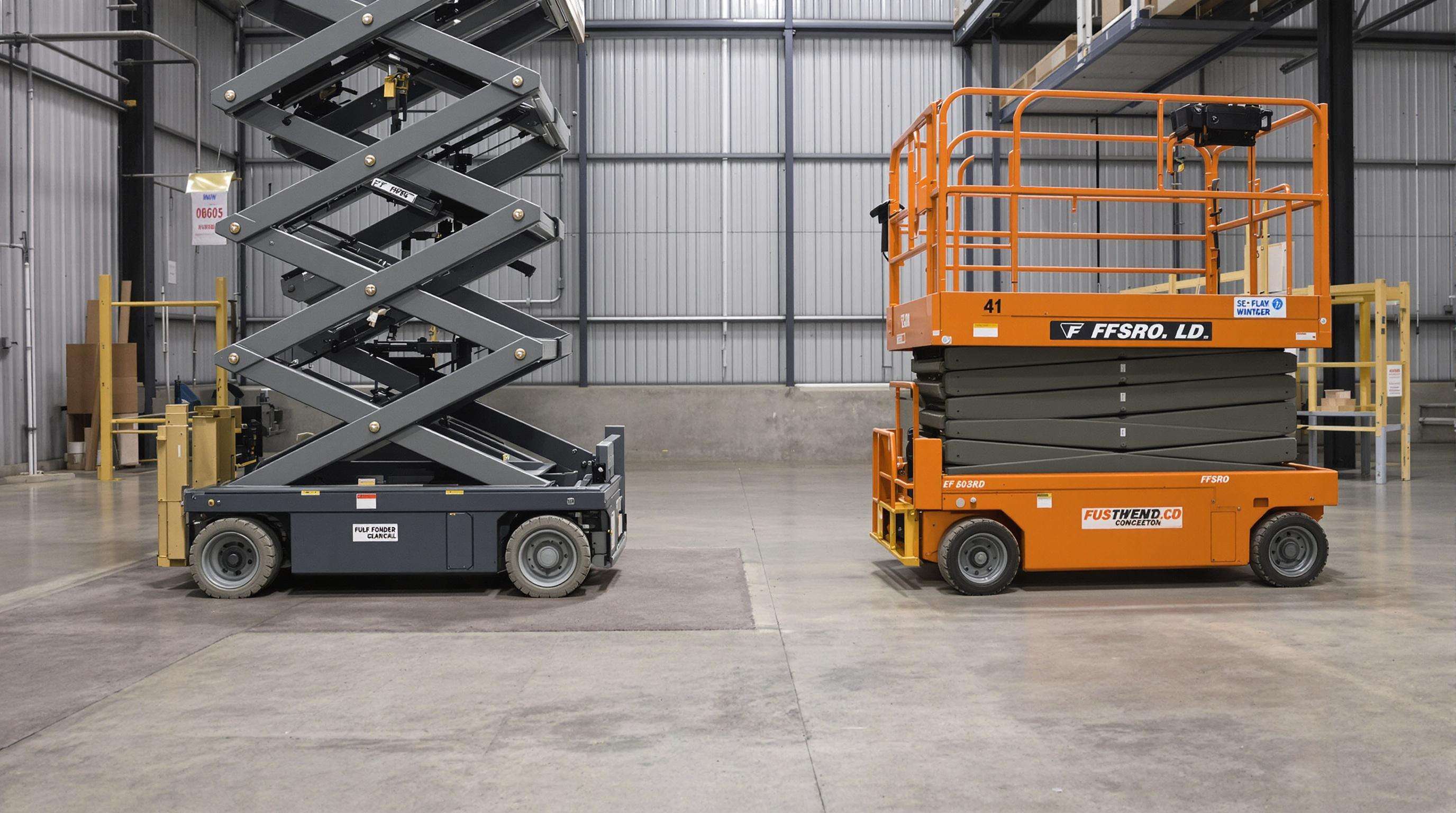 Side-by-side comparison of scissor lifts with rubber tires and polyurethane wheels on different warehouse floors