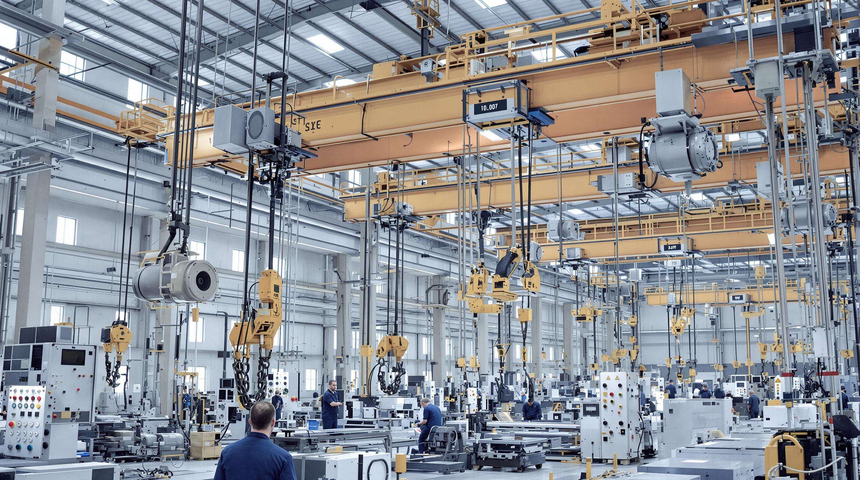 Multiple electric chain hoists with different motor types operating in a factory, highlighting energy-efficient lifting solutions