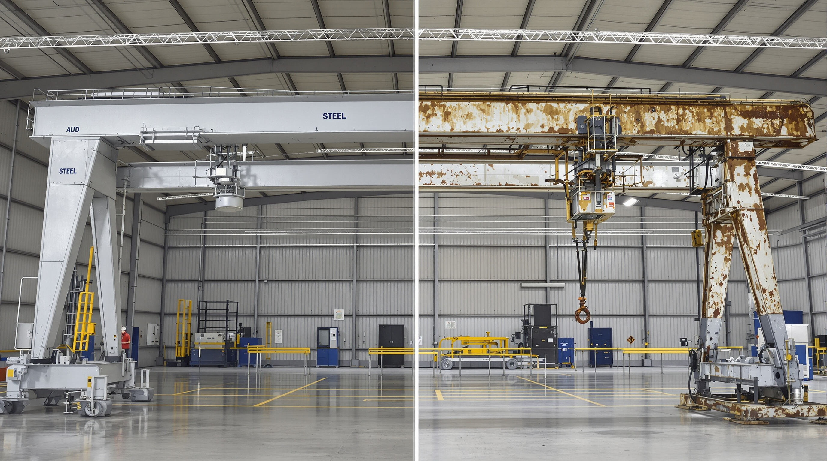 Aluminum gantry crane with pristine surface next to a rusted steel crane in a maintenance bay