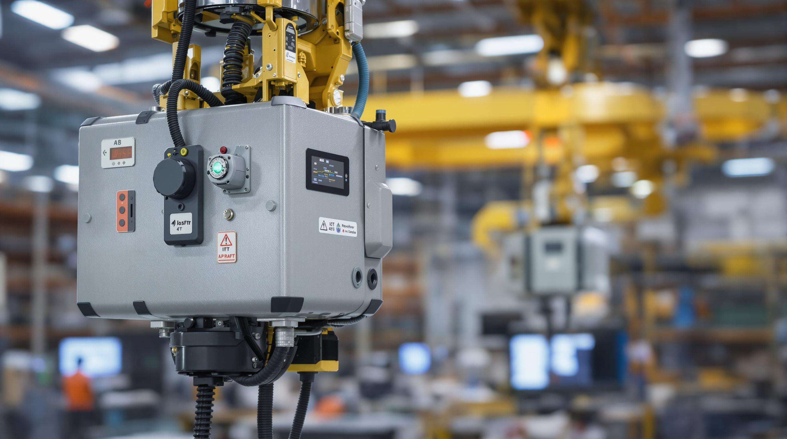 Modern electric hoist with sensors in a technologically advanced warehouse environment